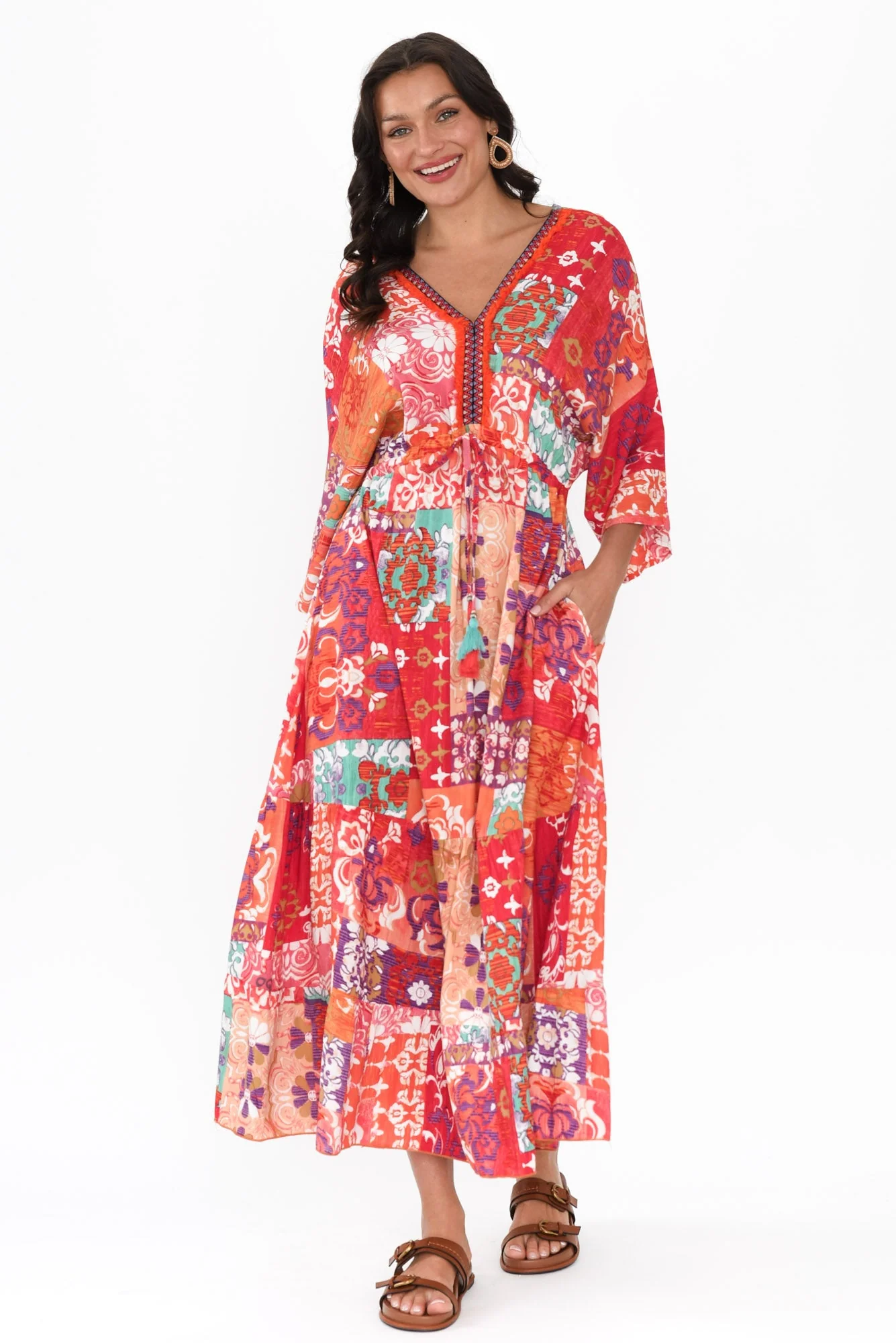 Dorothy Red Mosaic V Neck Dress - Image 6