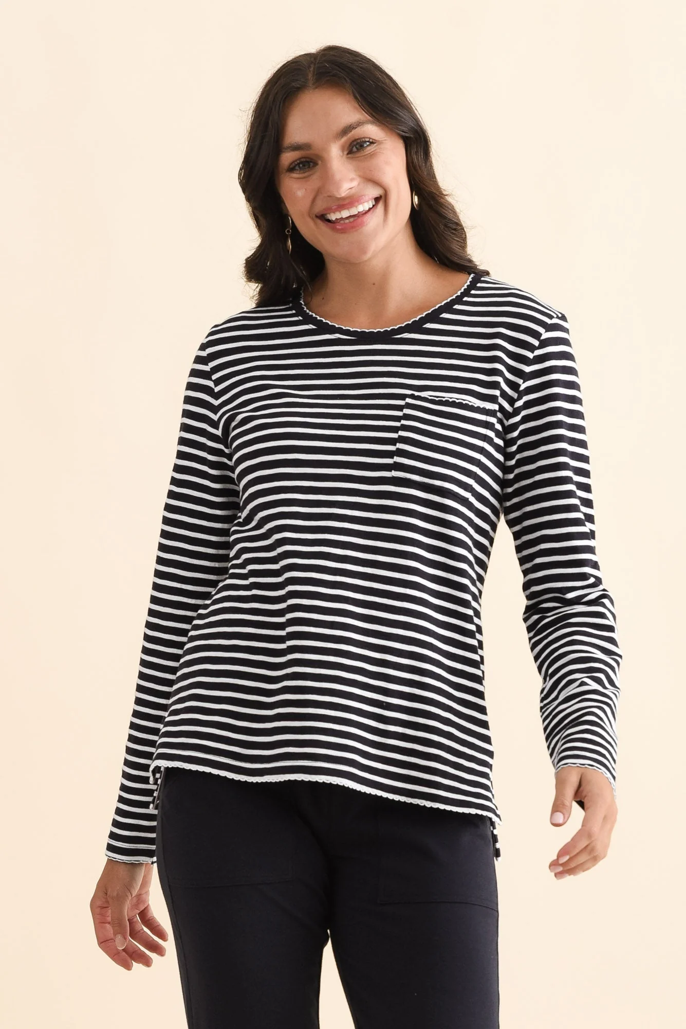 Drea Navy Stripe Cotton Long Sleeve Tee