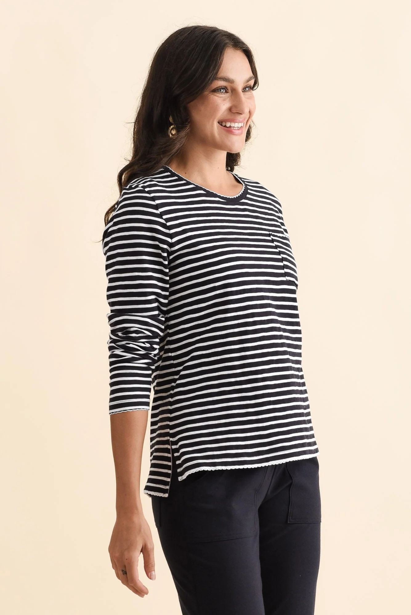 Drea Navy Stripe Cotton Long Sleeve Tee - Image 3