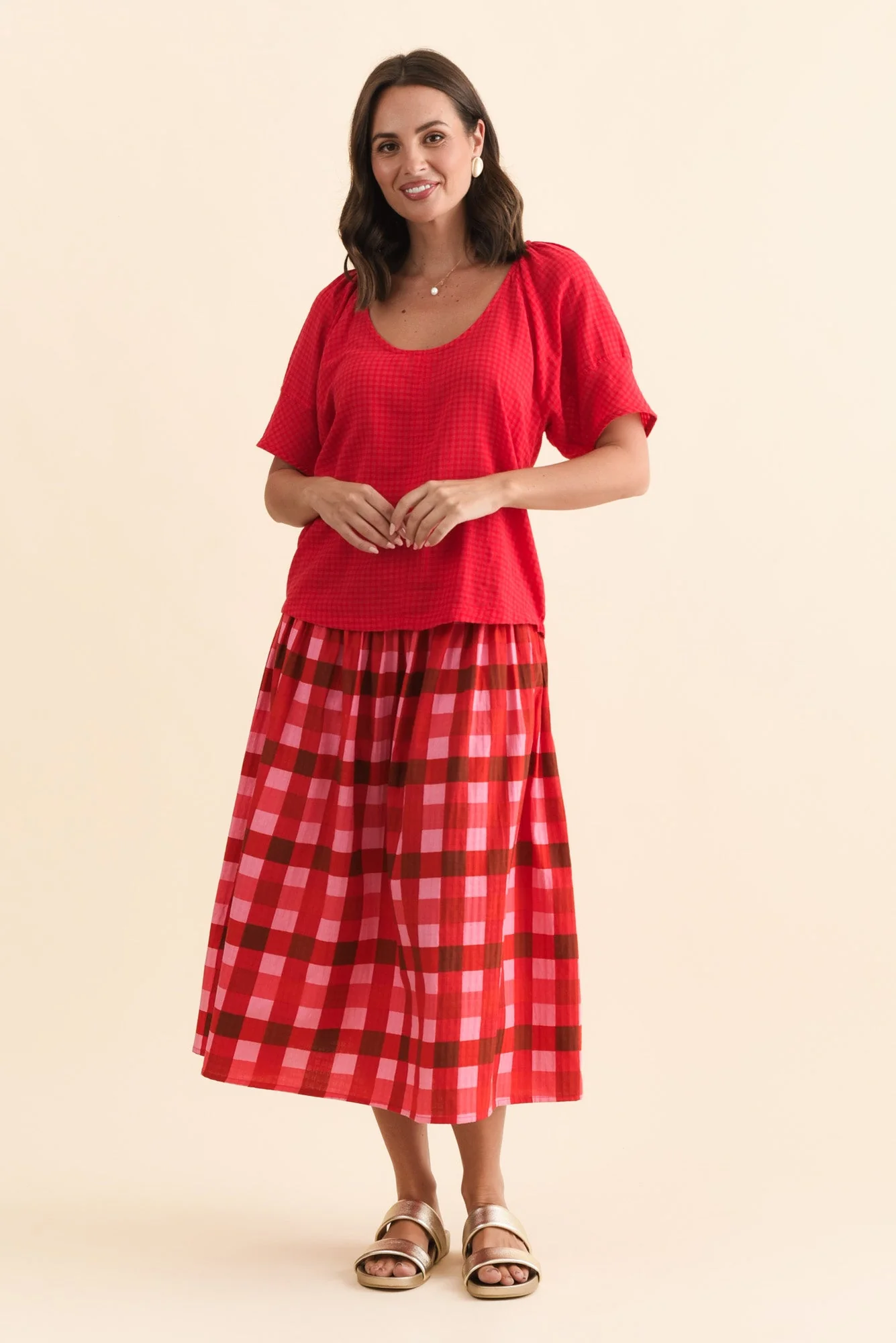 Edin Red Check Cotton Maxi Skirt - Image 7