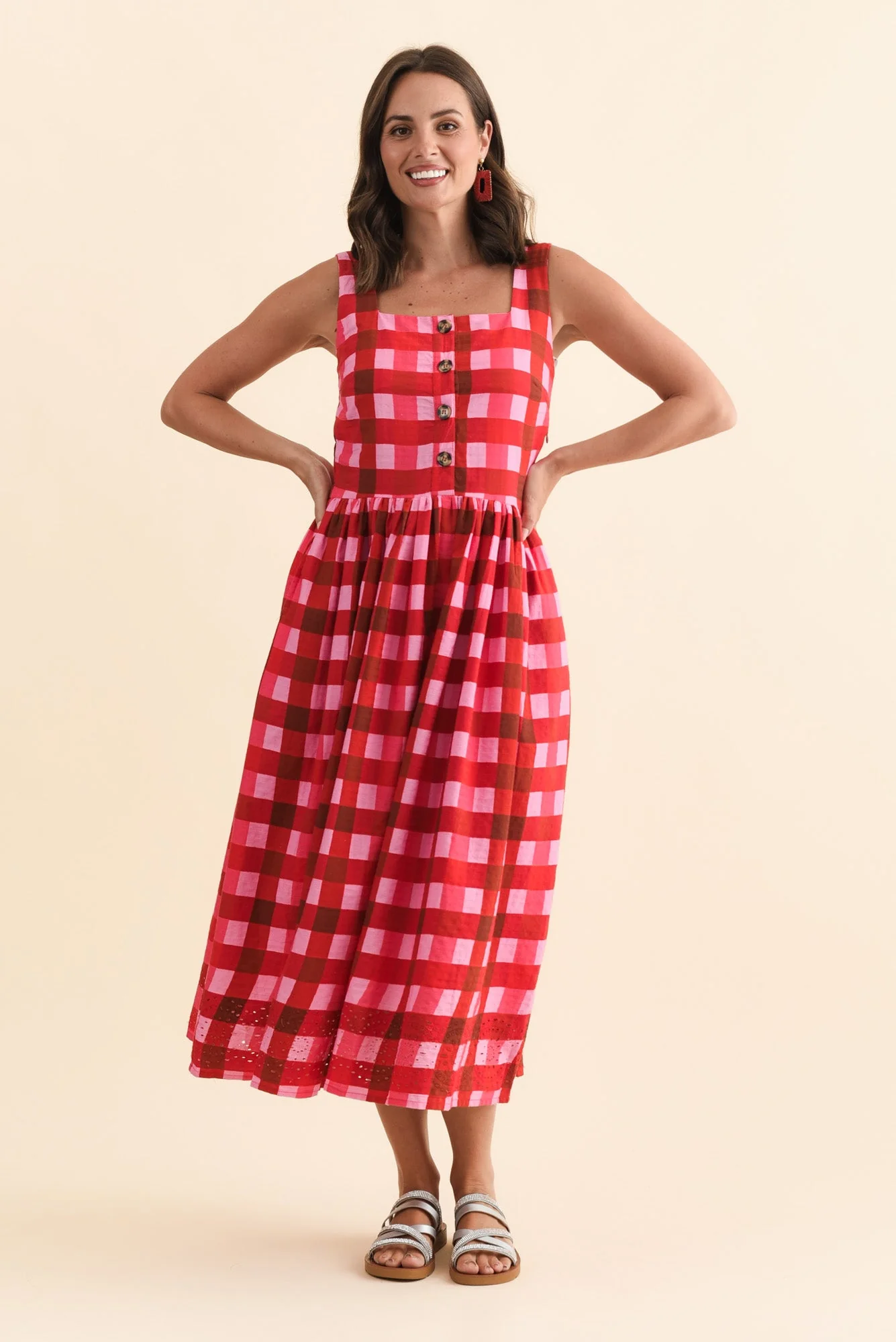 Edin Red Check Cotton Midi Dress - Image 6