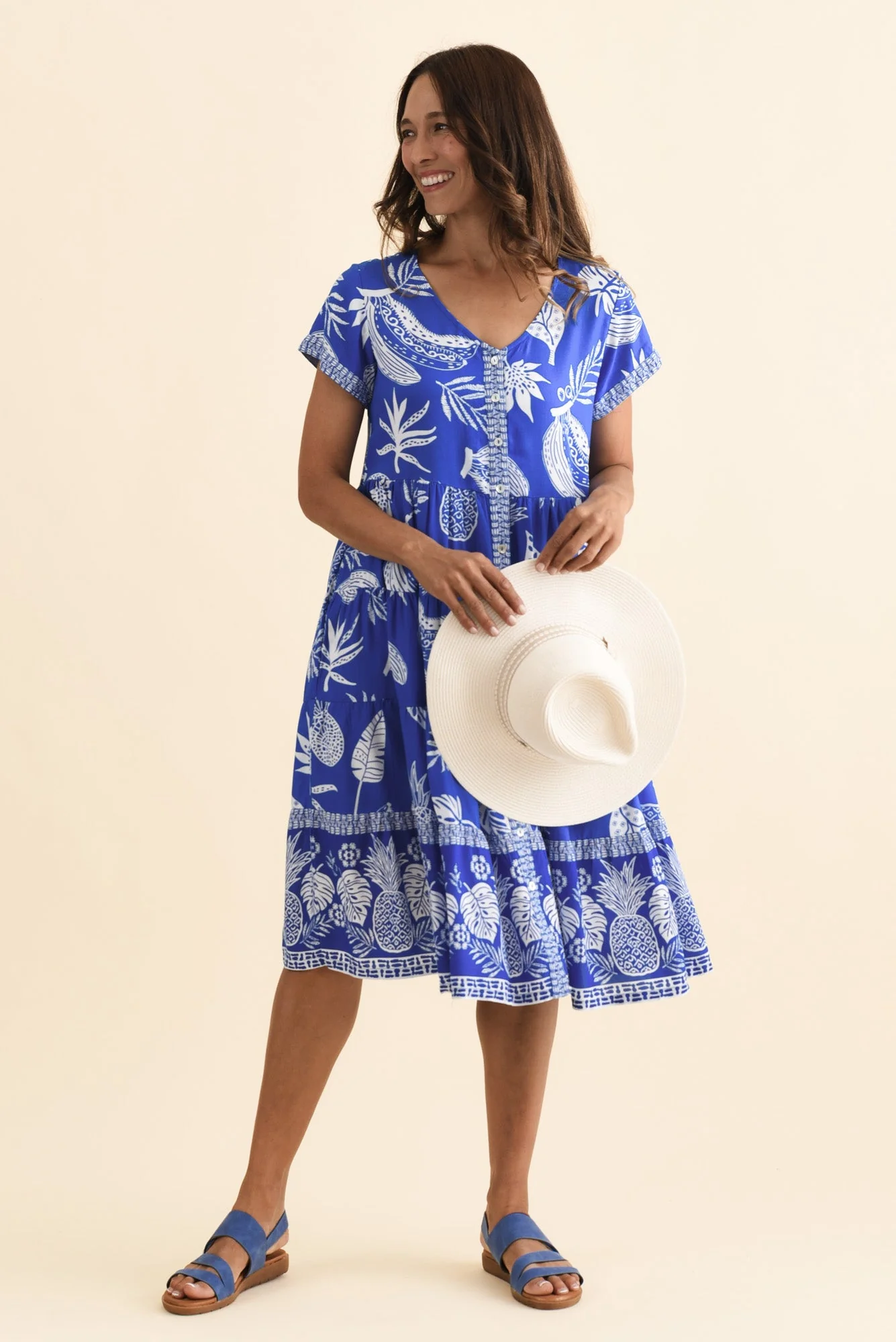Emila Cobalt Tropical Button Dress