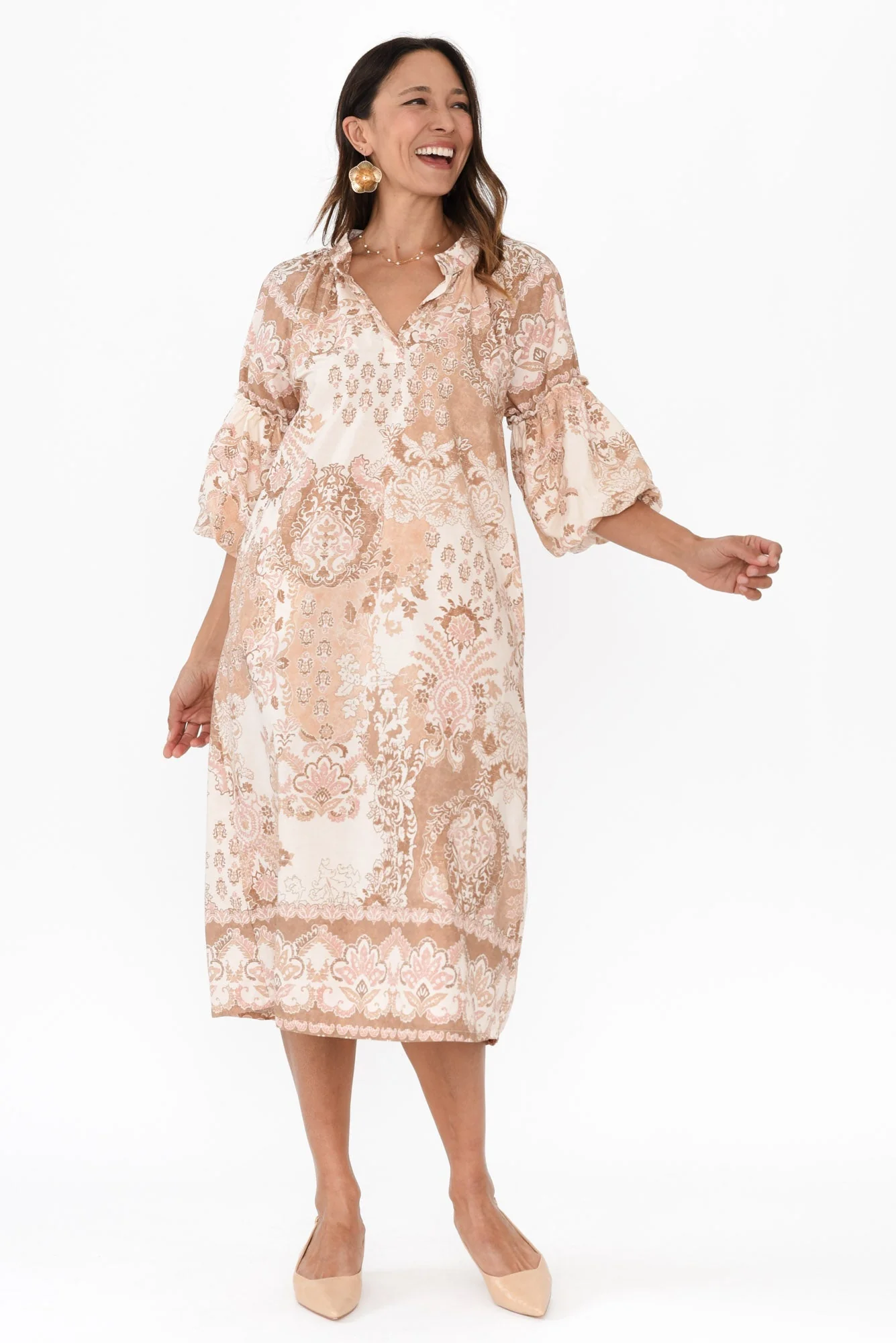 Erica Natural Abstract Cotton Tie Dress