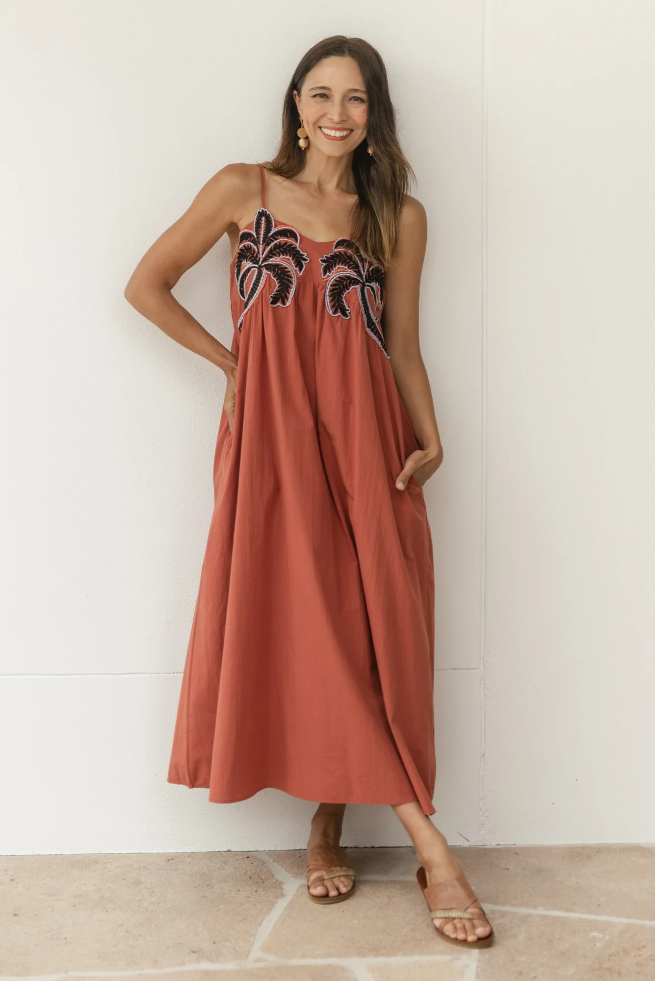Essen Rust Cotton Poplin Embroidered Dress