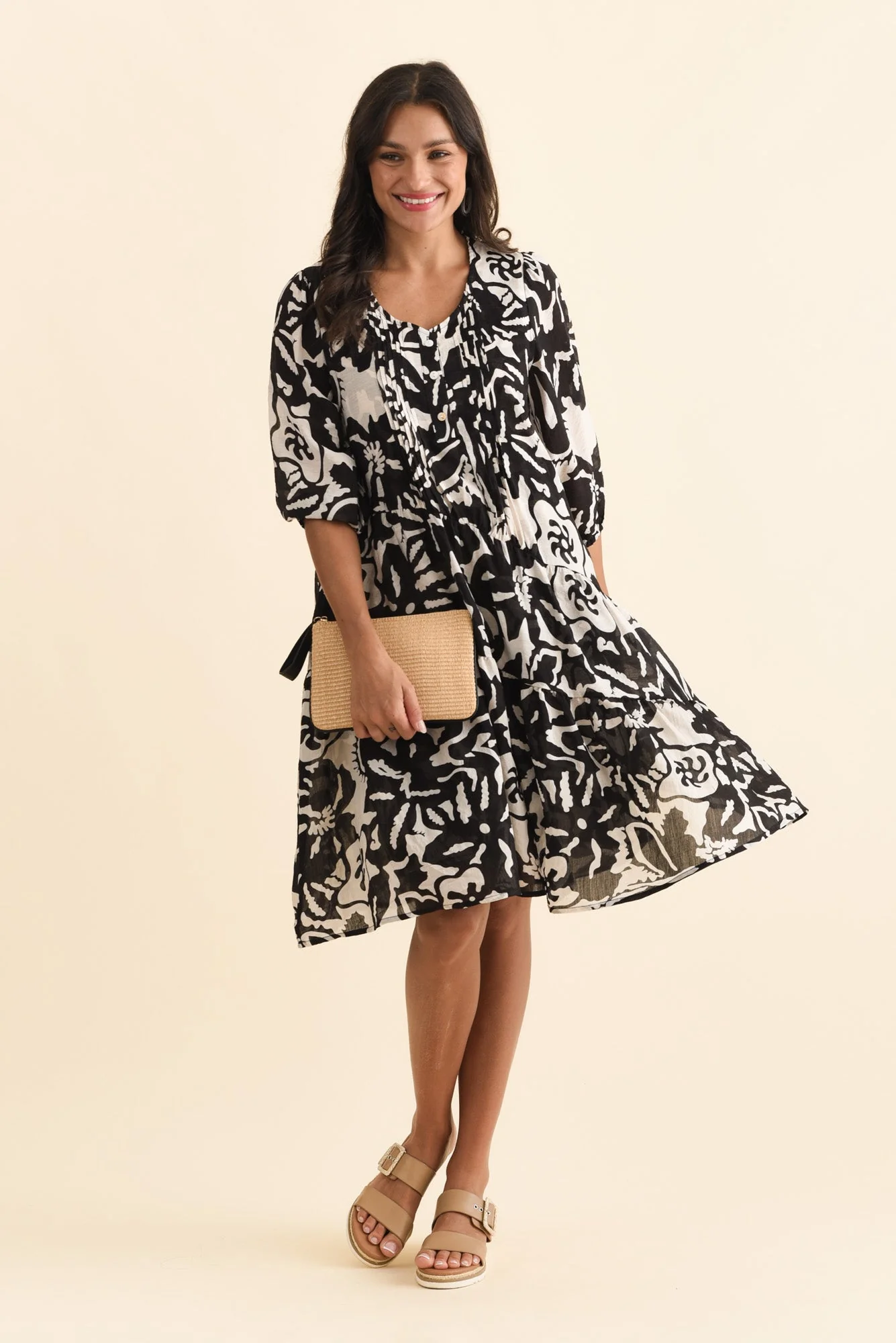 Esta Black Tropical Sleeved Dress - Image 2