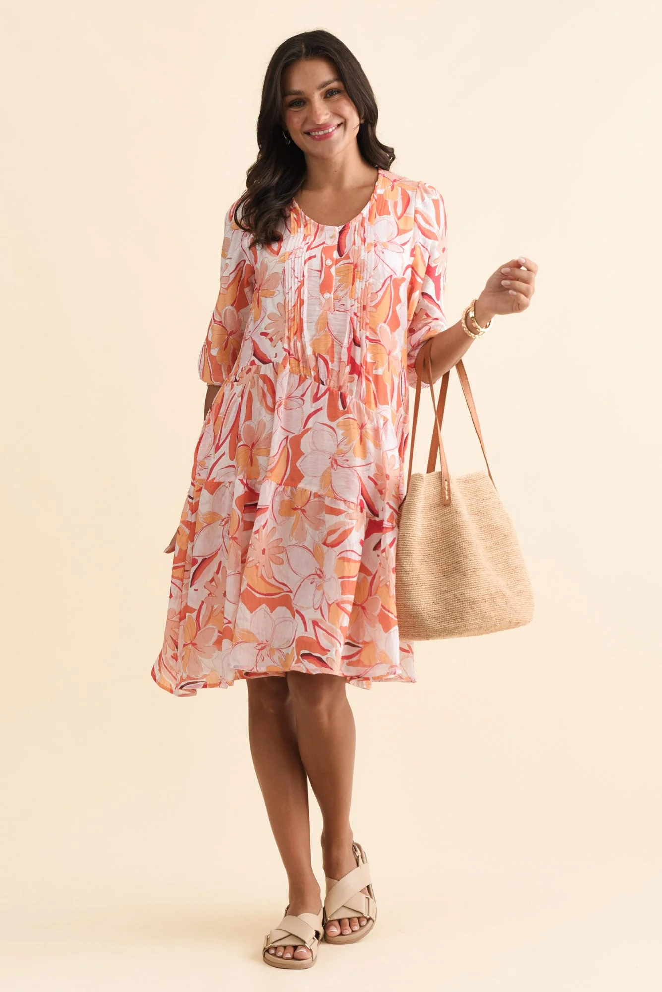 Esta Orange Flower Sleeved Dress