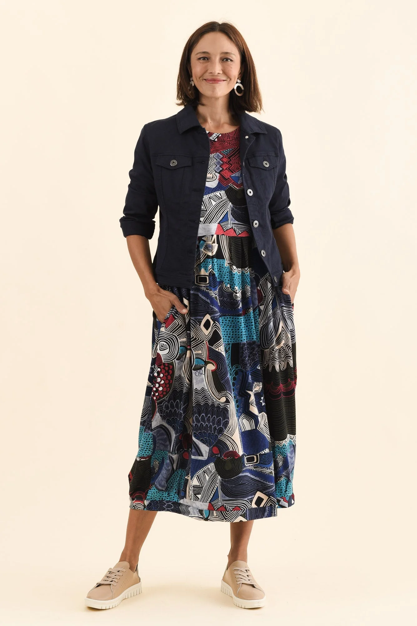 Estie Blue Abstract Pocket Midi Dress