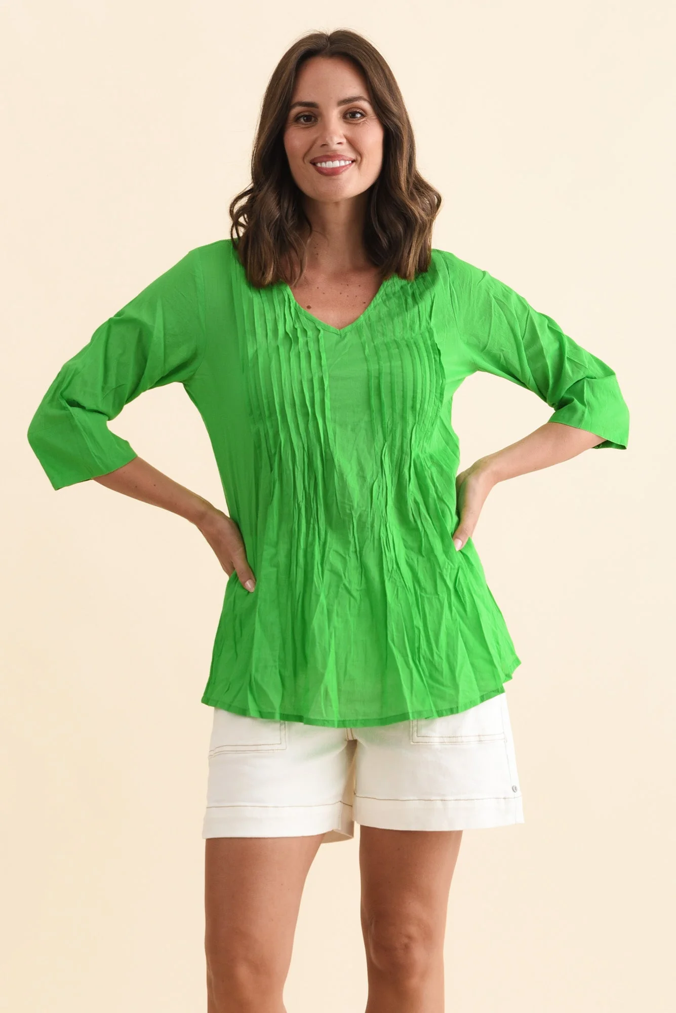 Fia Bright Green Sleeved Crinkle Cotton Top