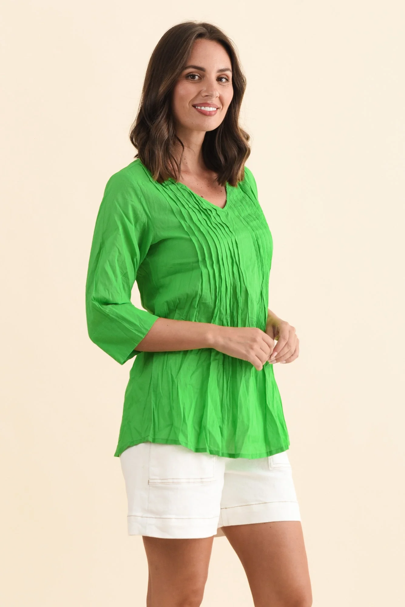 Fia Bright Green Sleeved Crinkle Cotton Top - Image 3