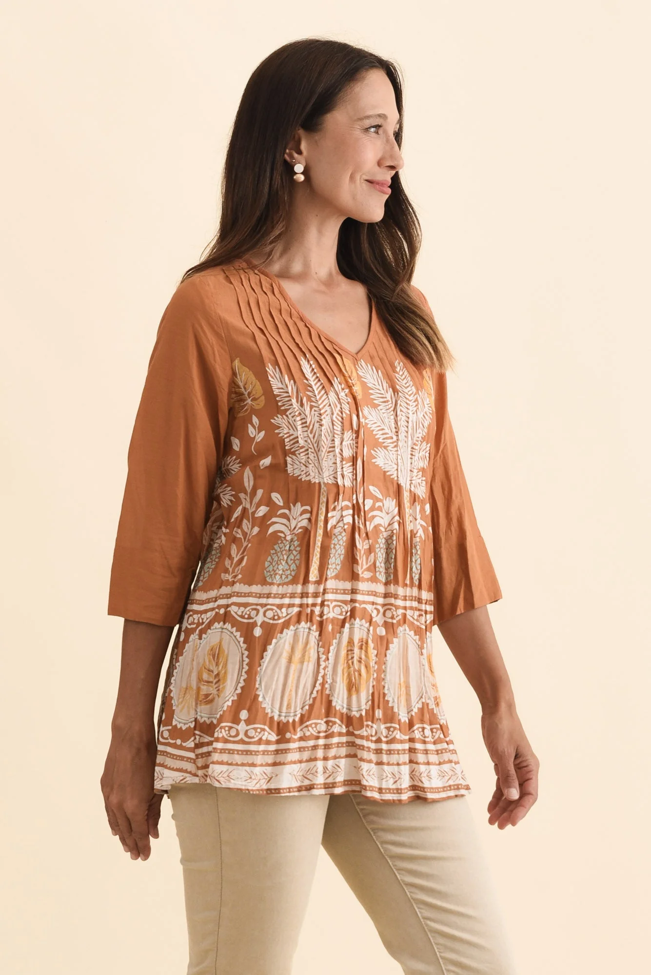 Fia Brown Beach Sleeved Crinkle Cotton Top - Image 3