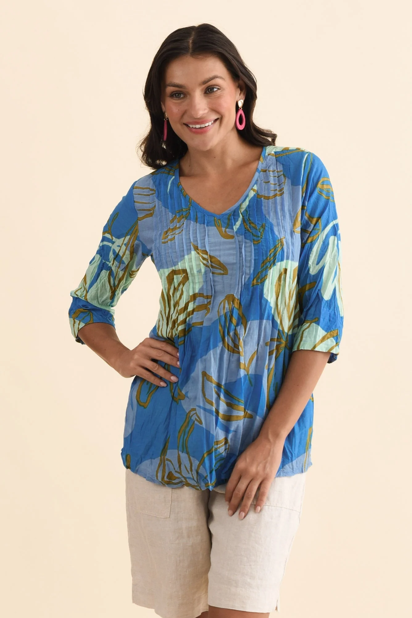 Fia Cobalt Lily Sleeved Crinkle Cotton Top