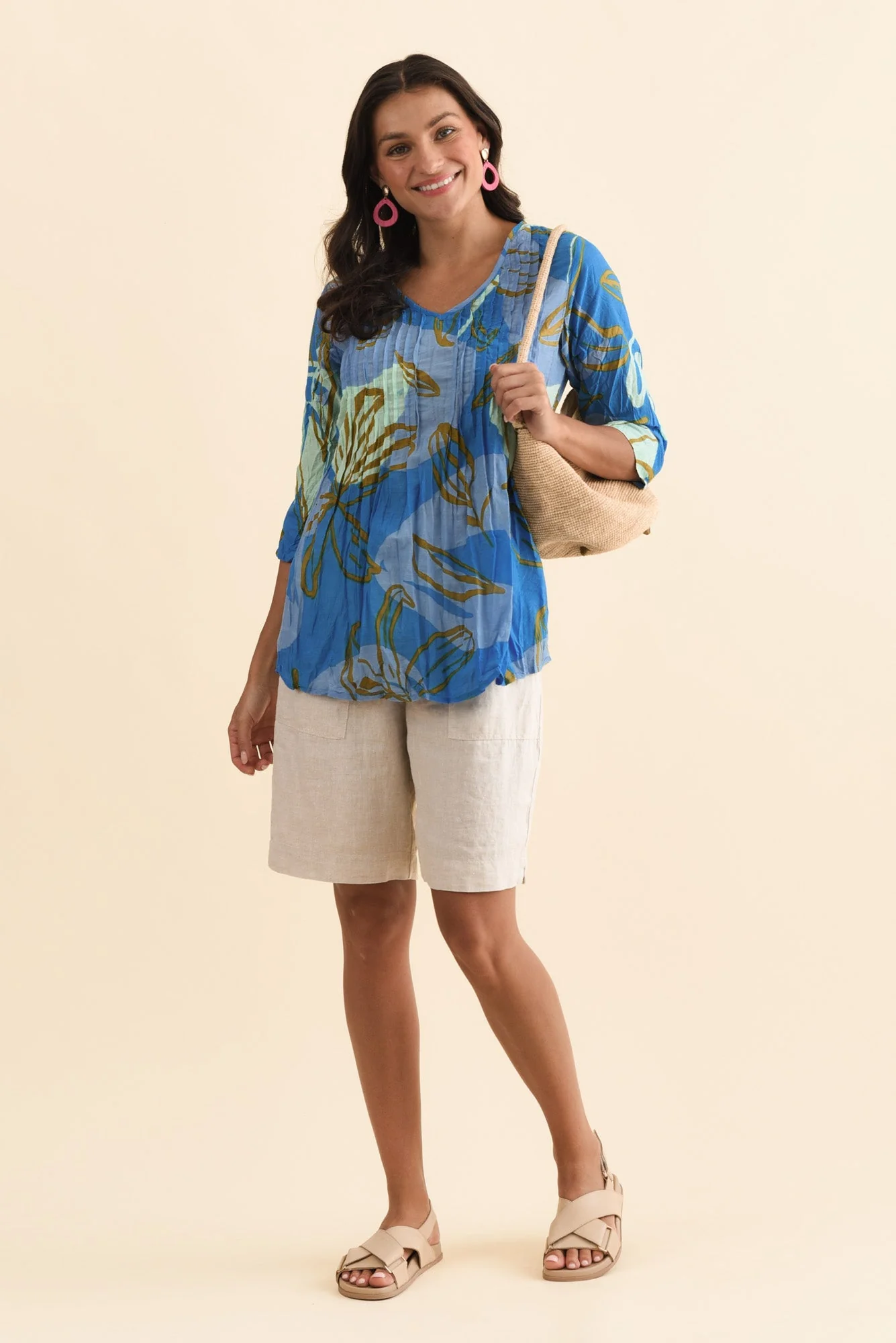 Fia Cobalt Lily Sleeved Crinkle Cotton Top - Image 2