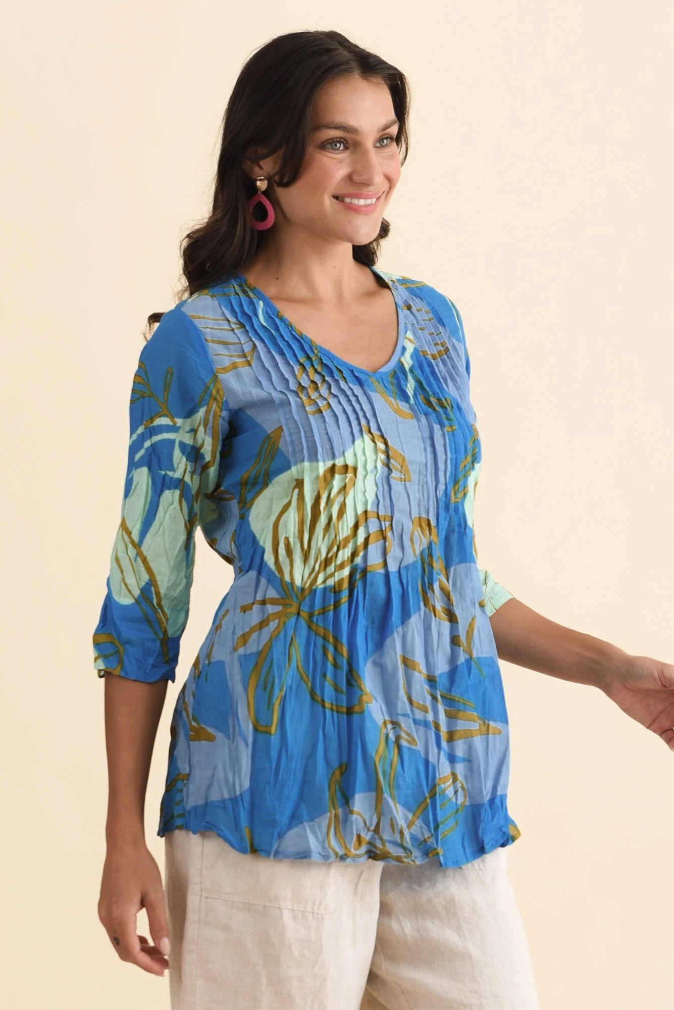 Fia Cobalt Lily Sleeved Crinkle Cotton Top - Image 3
