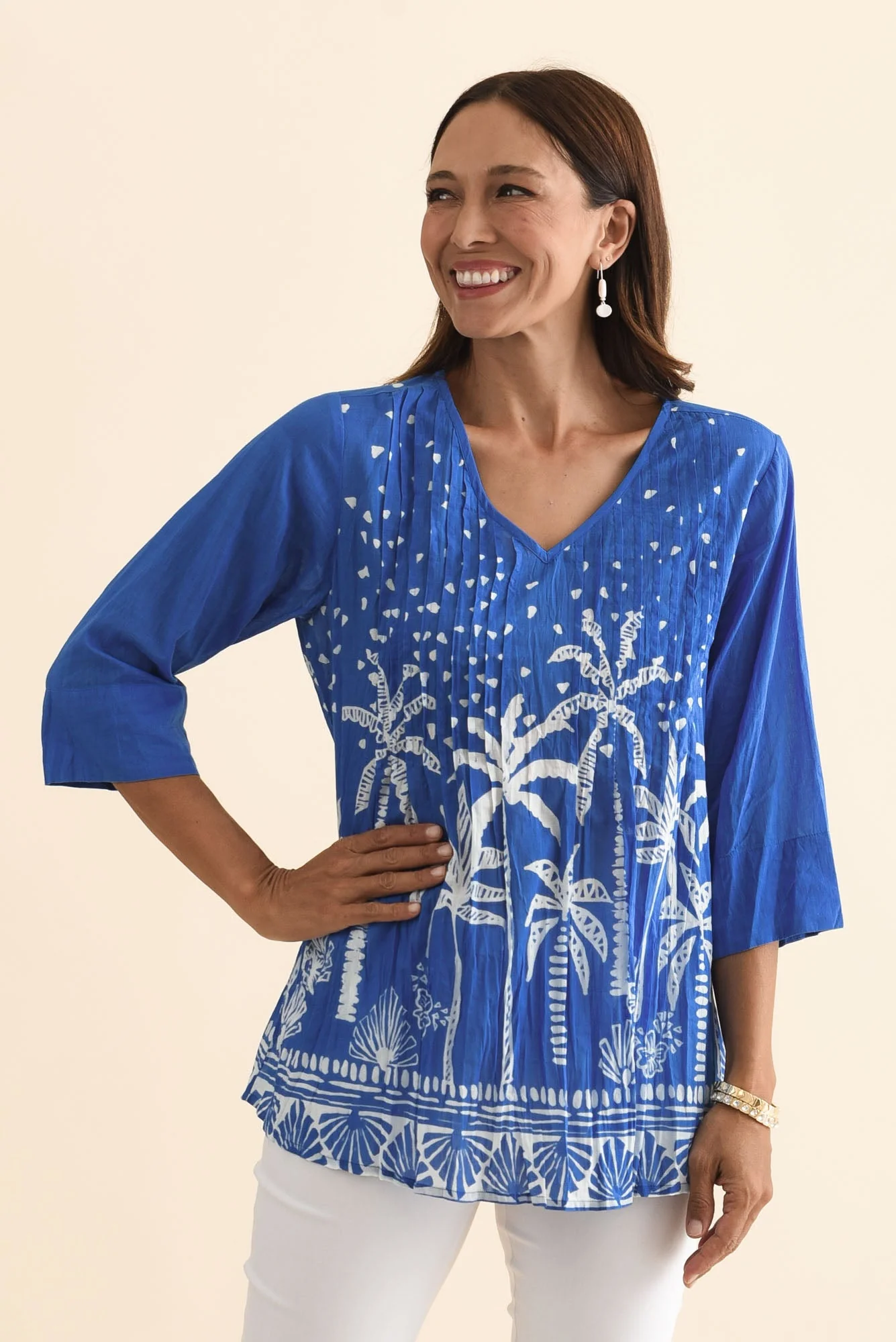 Fia Cobalt Palm Sleeved Crinkle Cotton Top