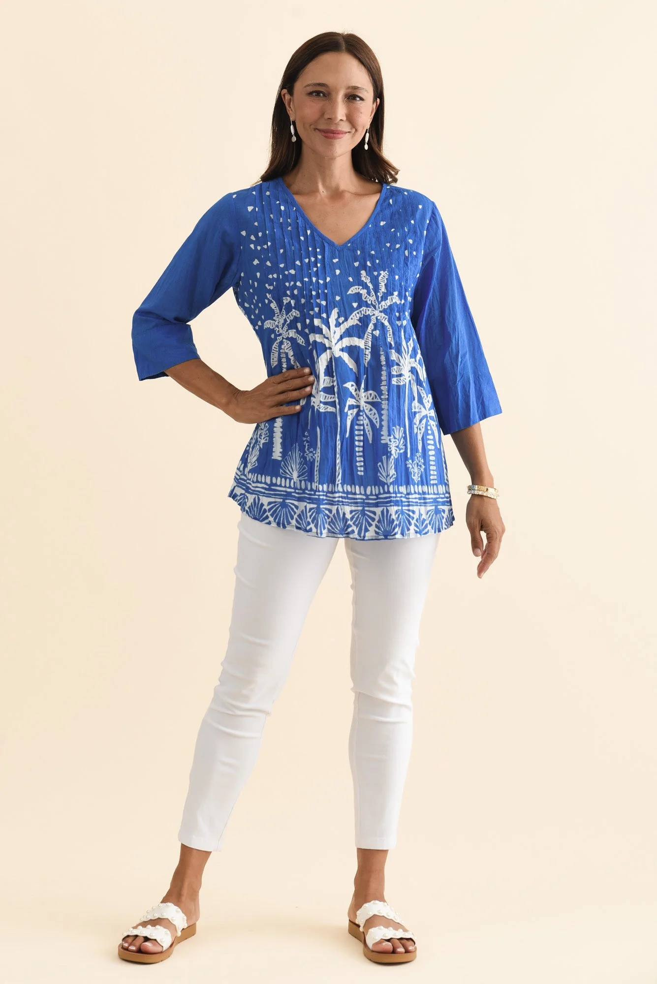 Fia Cobalt Palm Sleeved Crinkle Cotton Top - Image 2