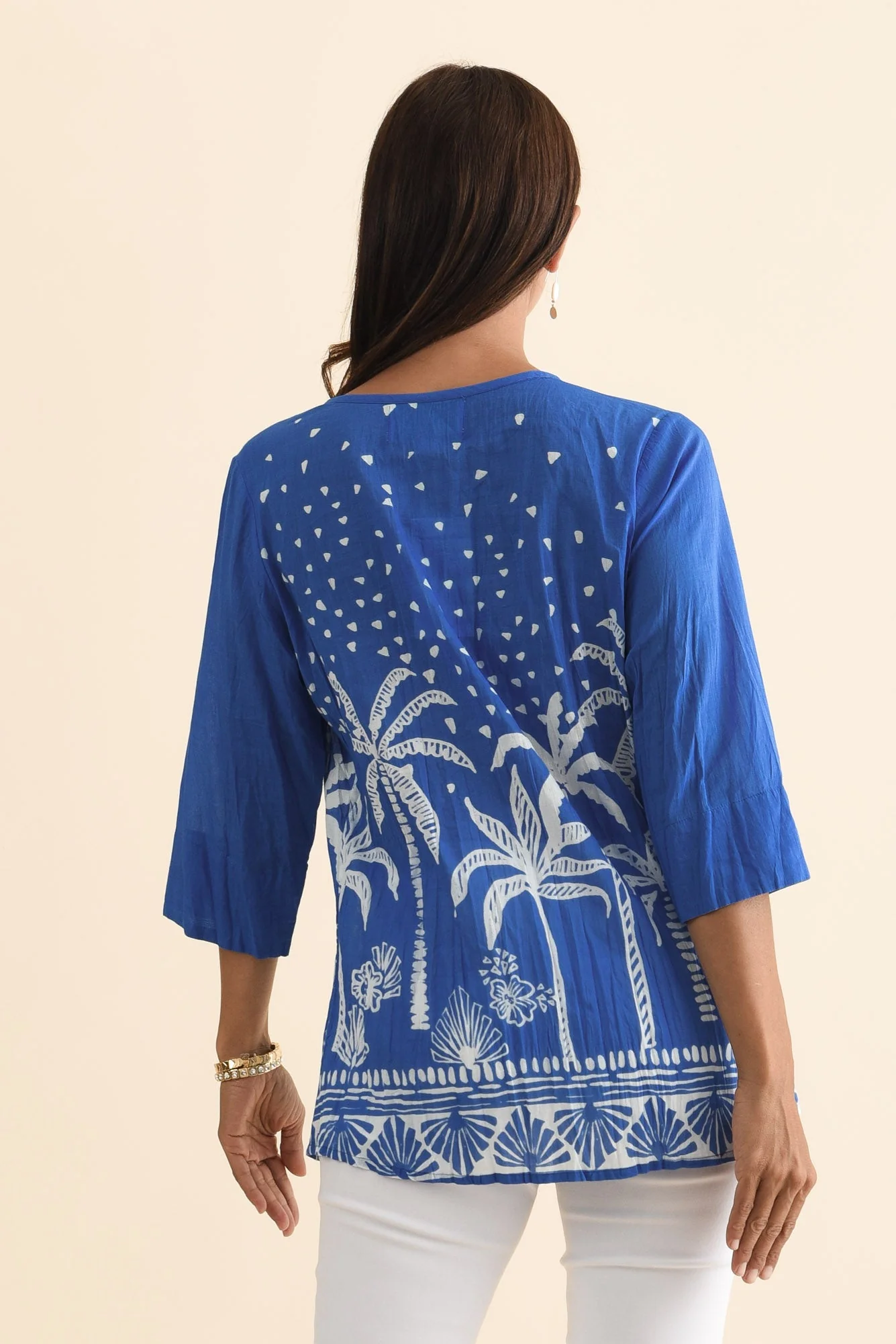 Fia Cobalt Palm Sleeved Crinkle Cotton Top - Image 4