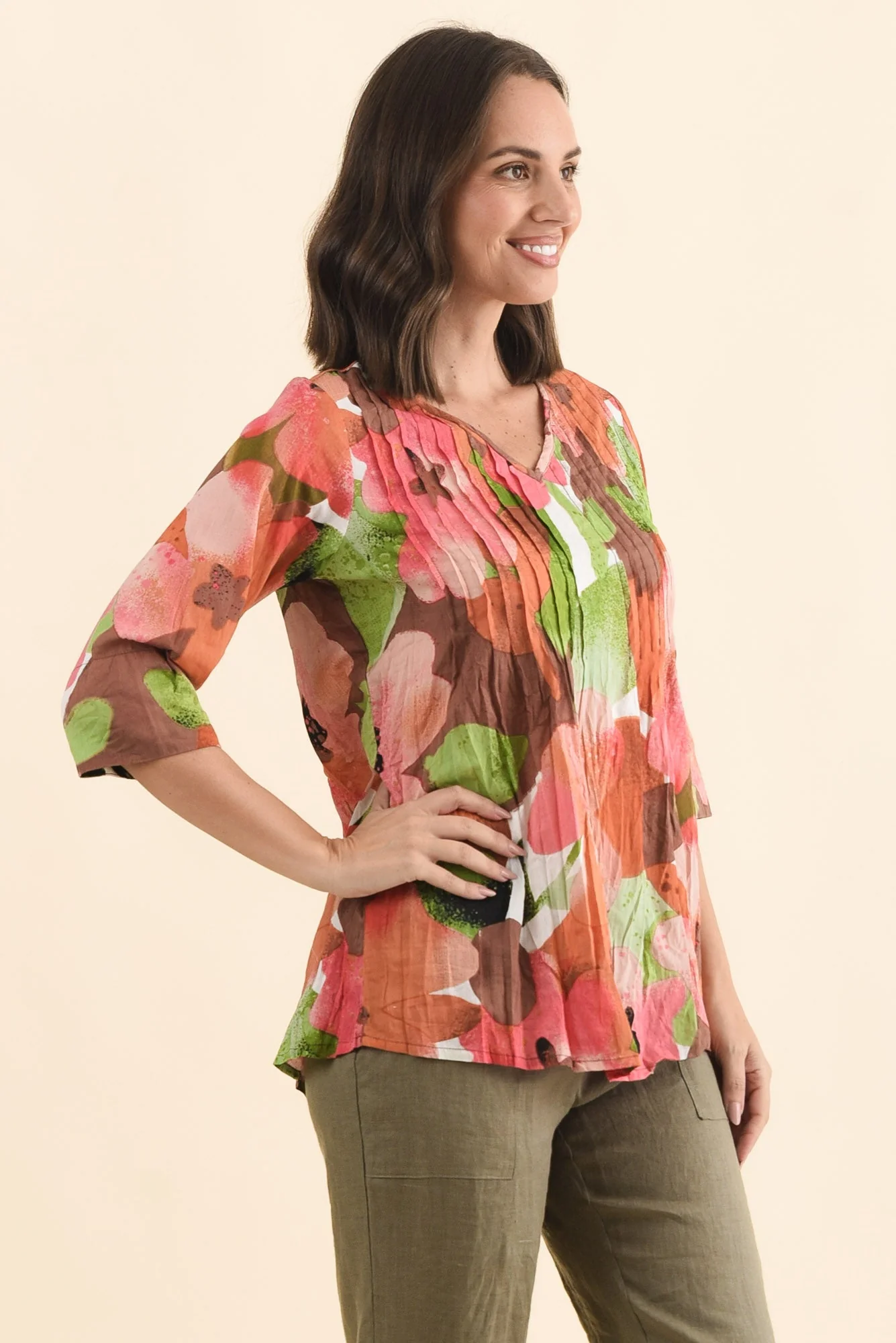 Fia Pink Floral Sleeved Crinkle Cotton Top - Image 3