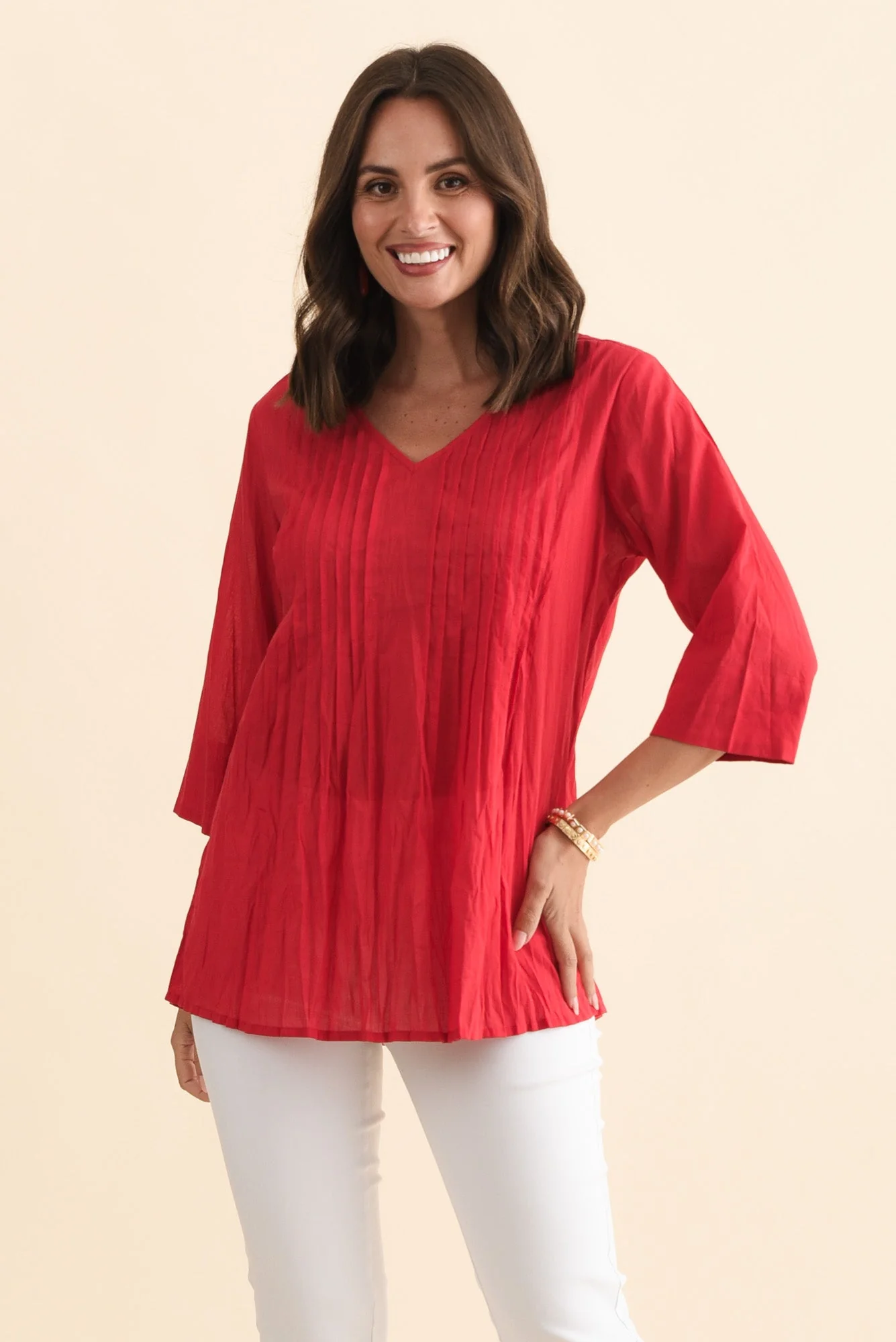 Fia Red Sleeved Crinkle Cotton Top