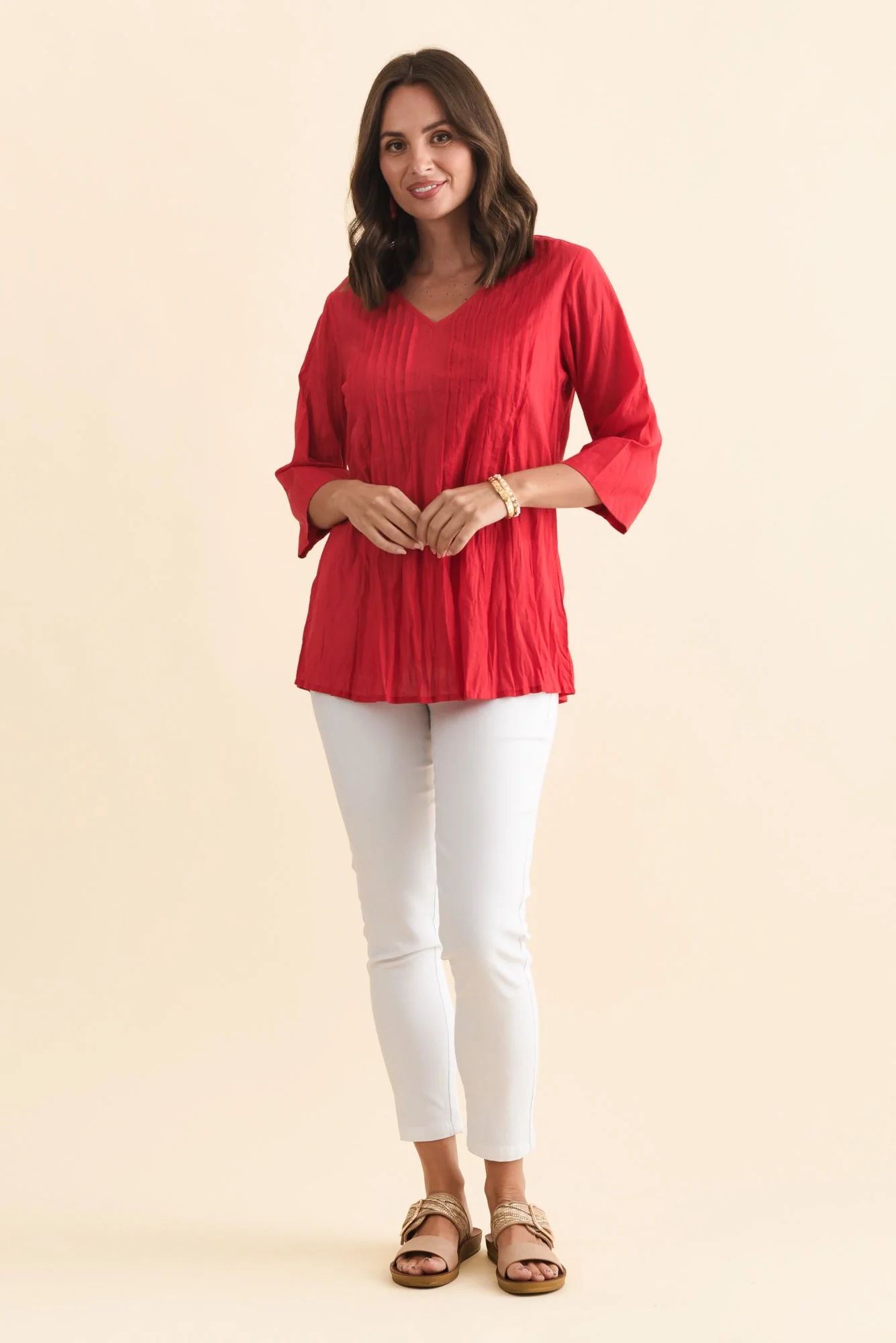 Fia Red Sleeved Crinkle Cotton Top - Image 2