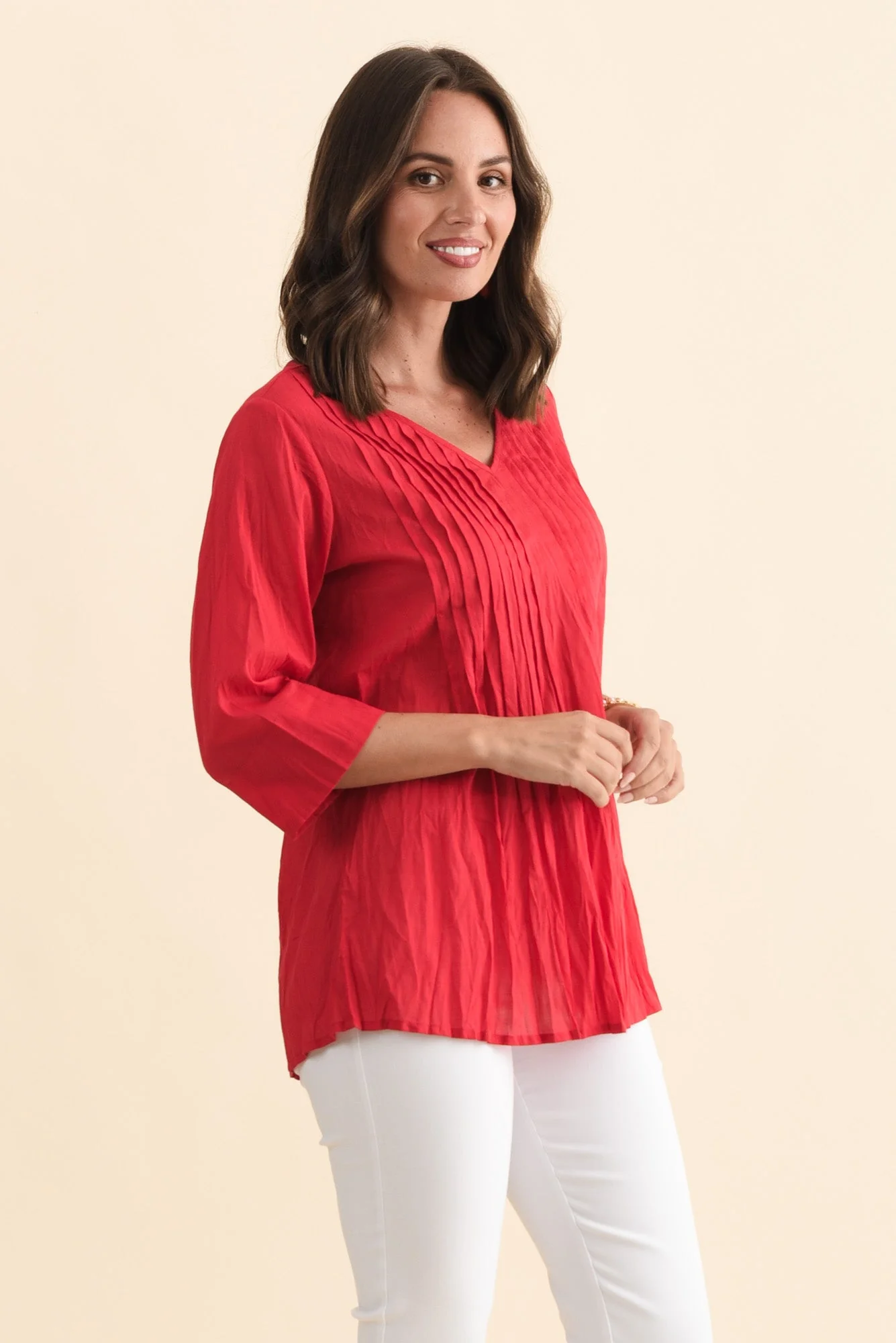 Fia Red Sleeved Crinkle Cotton Top - Image 3