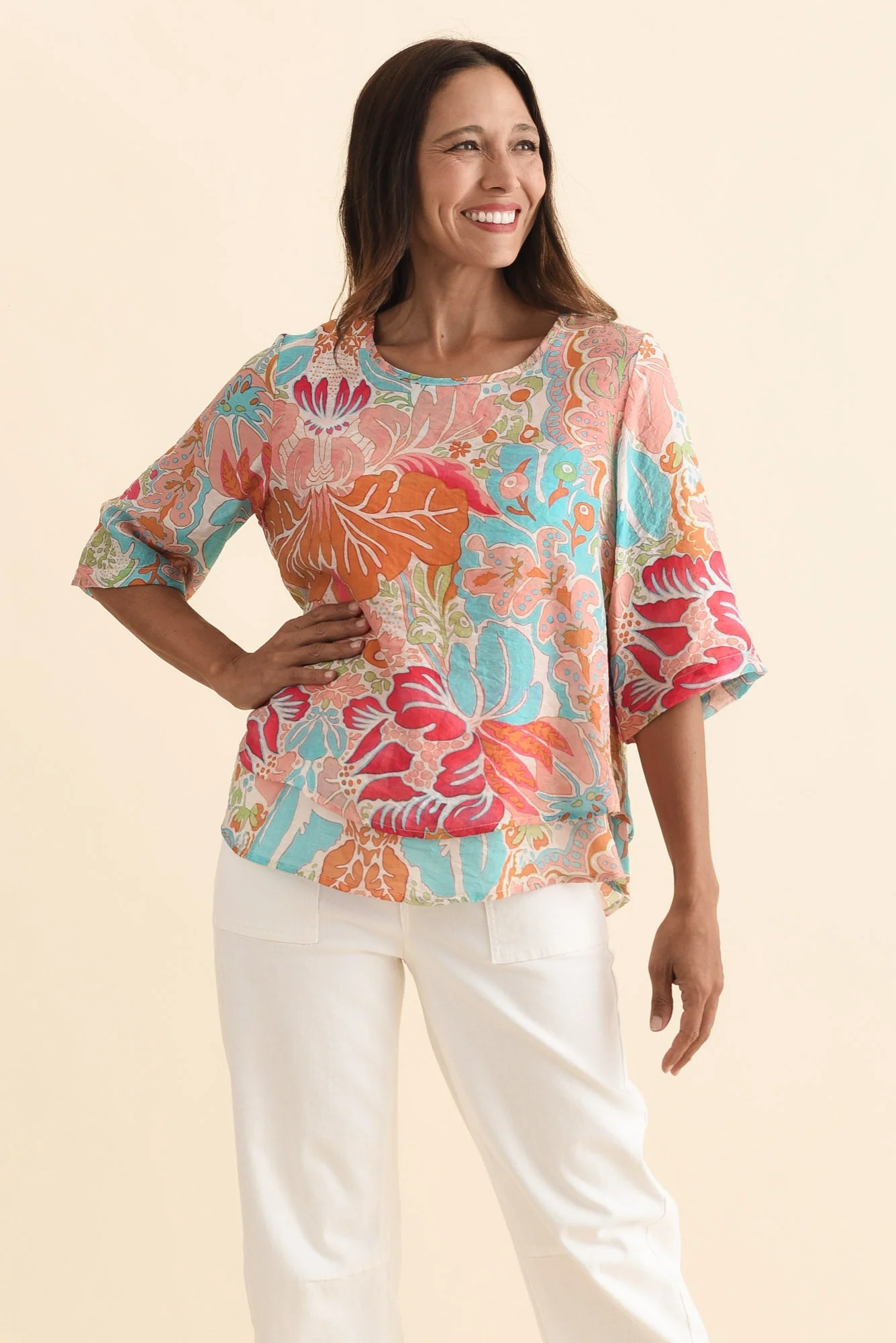 Folk Peach Flower Frill Top