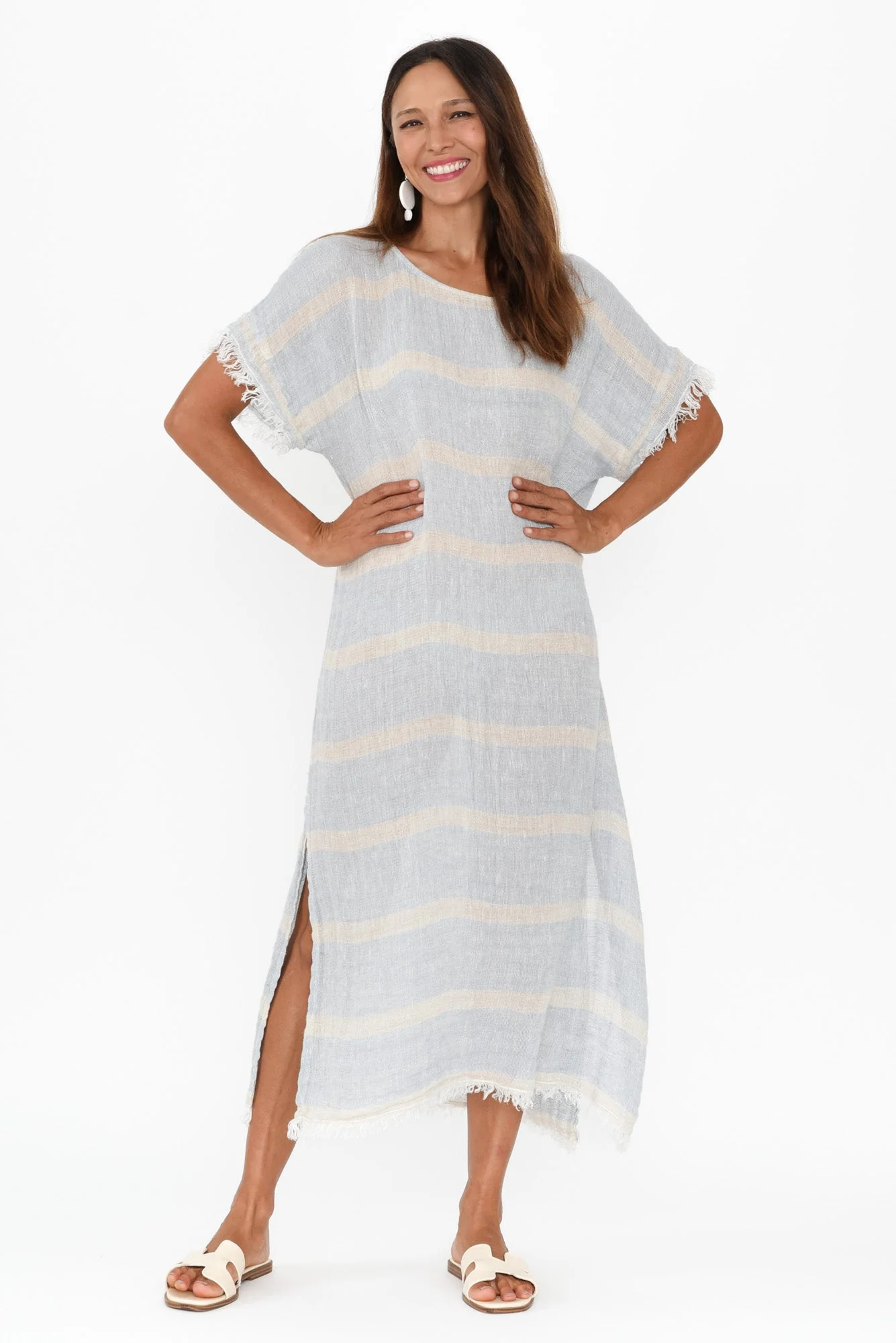 Galene Blue Stripe Linen Dress - Image 2
