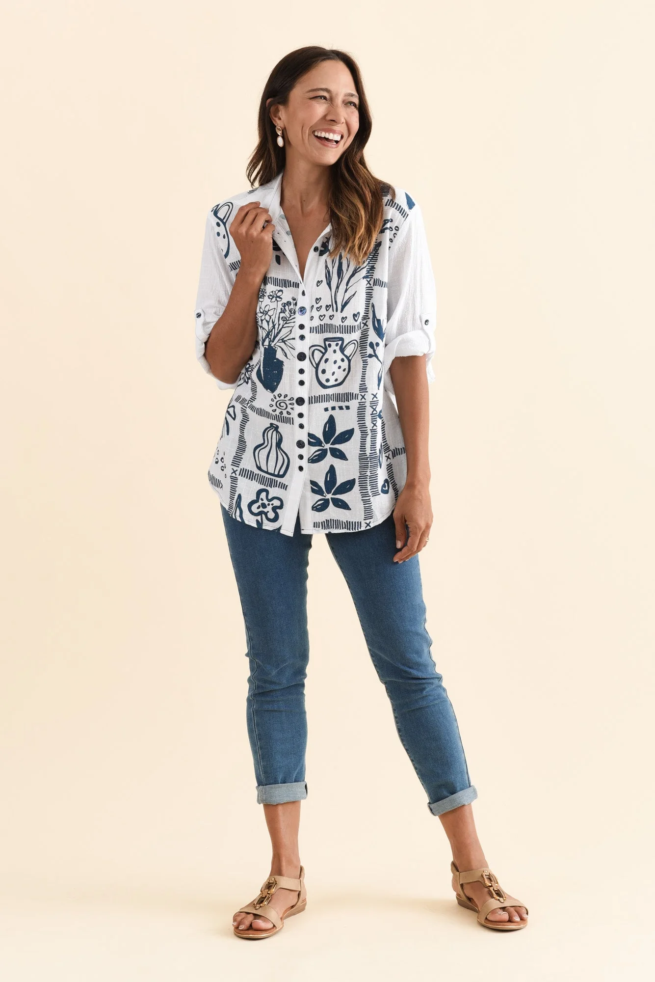 Georgina Blue Tile Cotton Shirt - Image 7