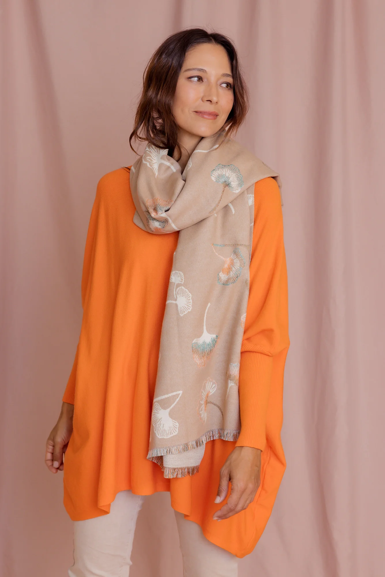 Ginko Beige Flower Scarf