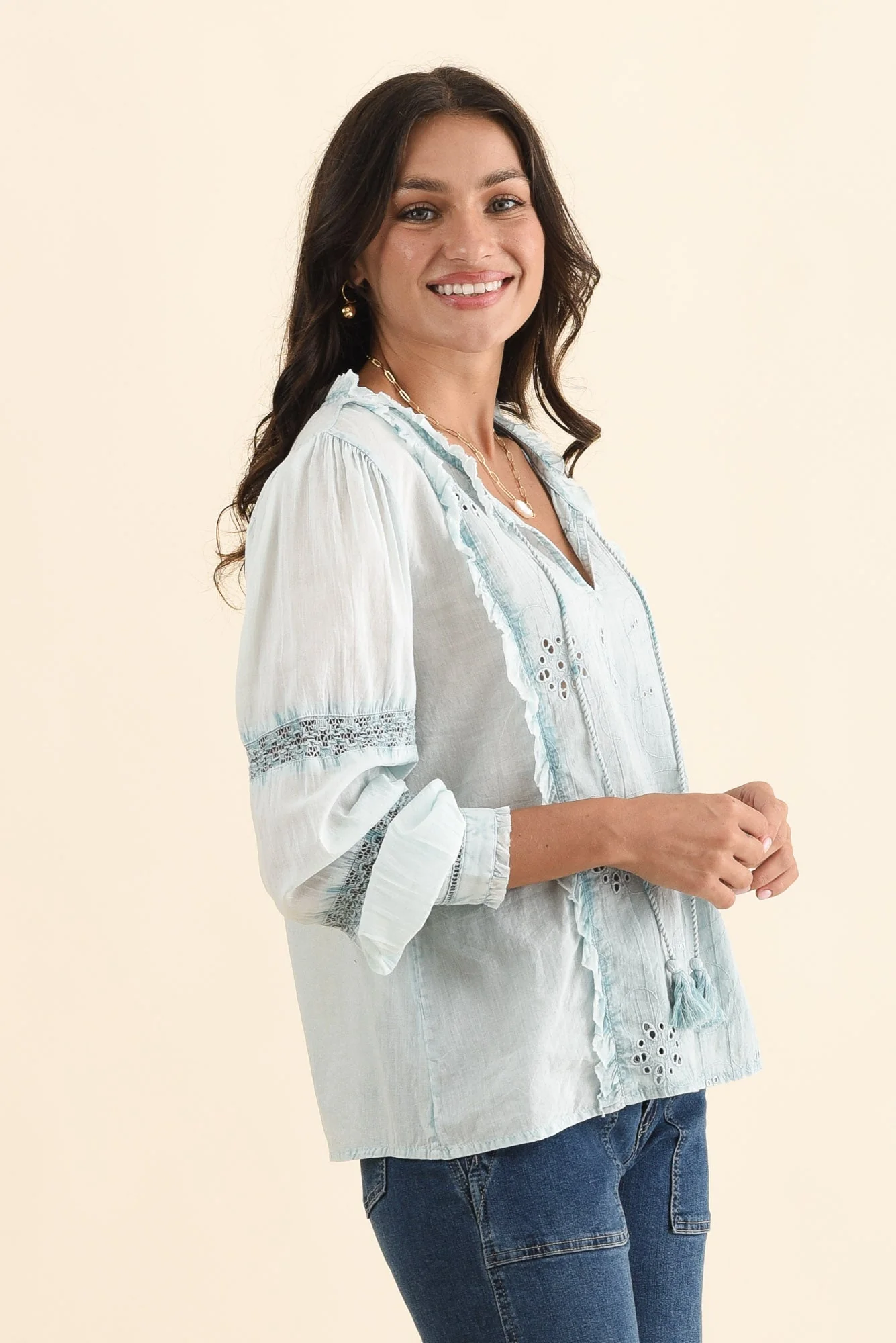 Gloria Blue Embroidered Cotton Top - Image 3