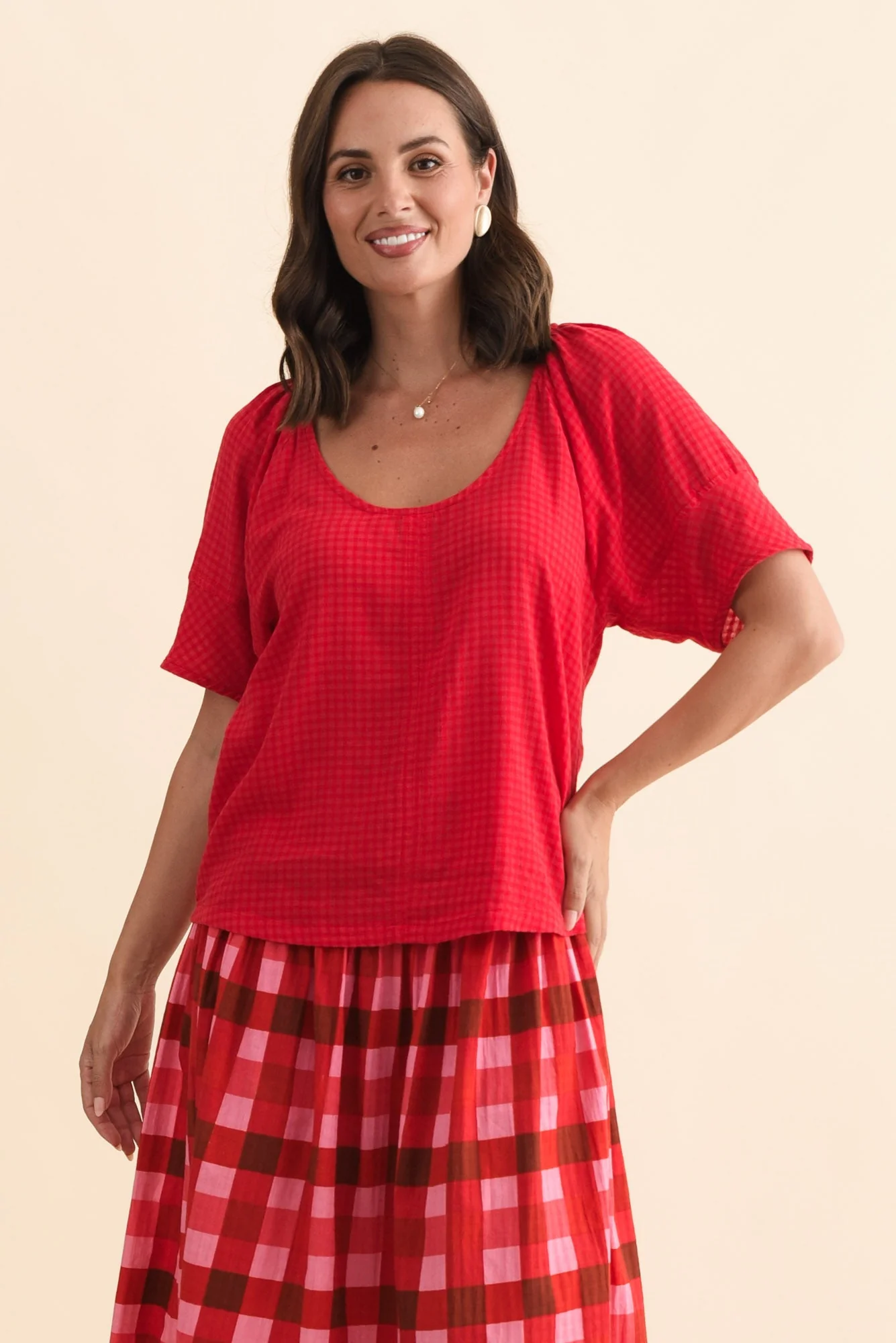 Grove Red Check Cotton Blend Top - Image 2