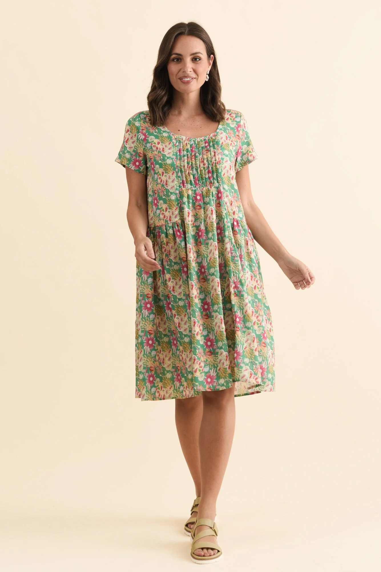 Hanoi Green Flower Cotton Blend Dress