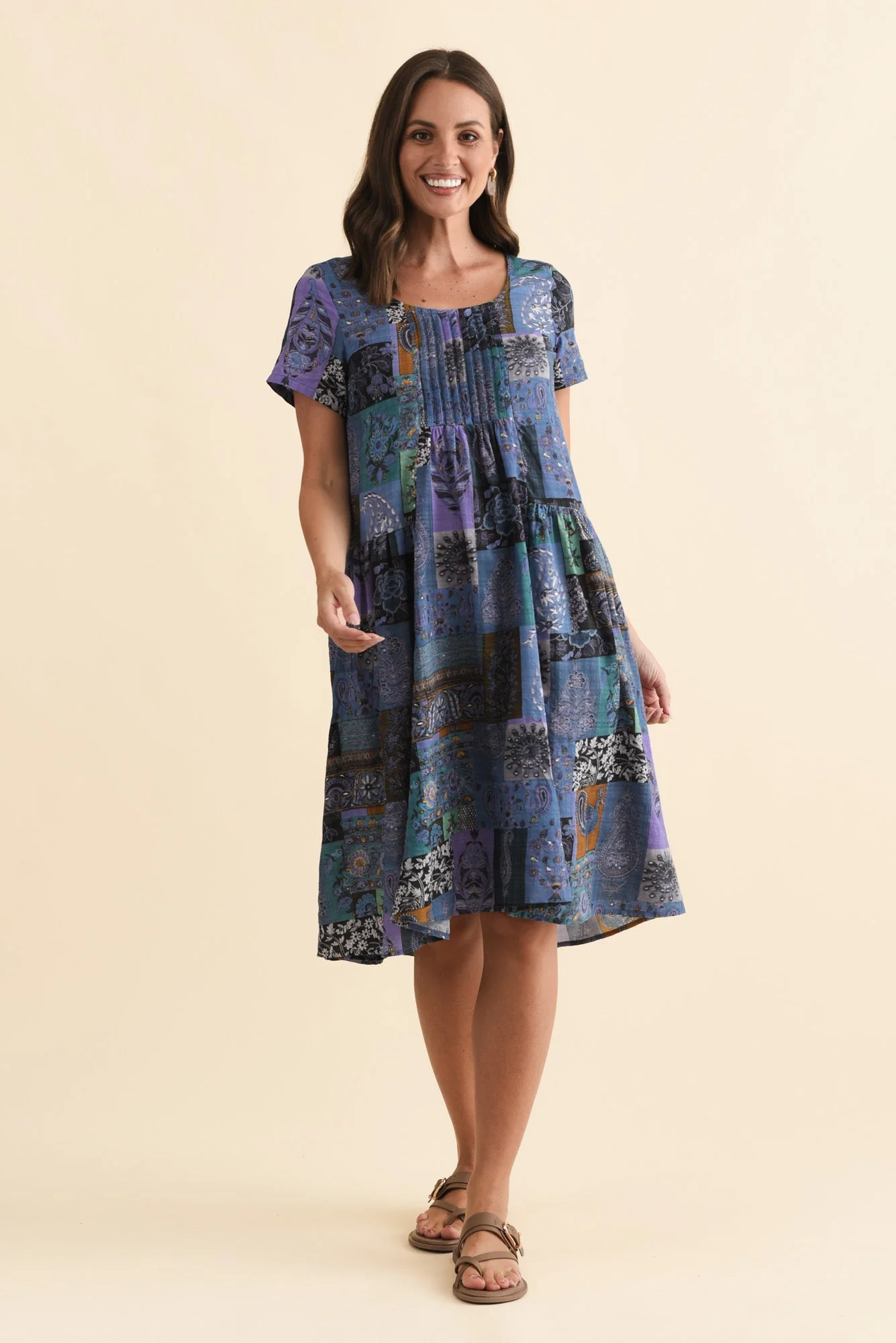 Hanoi Navy Mosaic Cotton Blend Dress