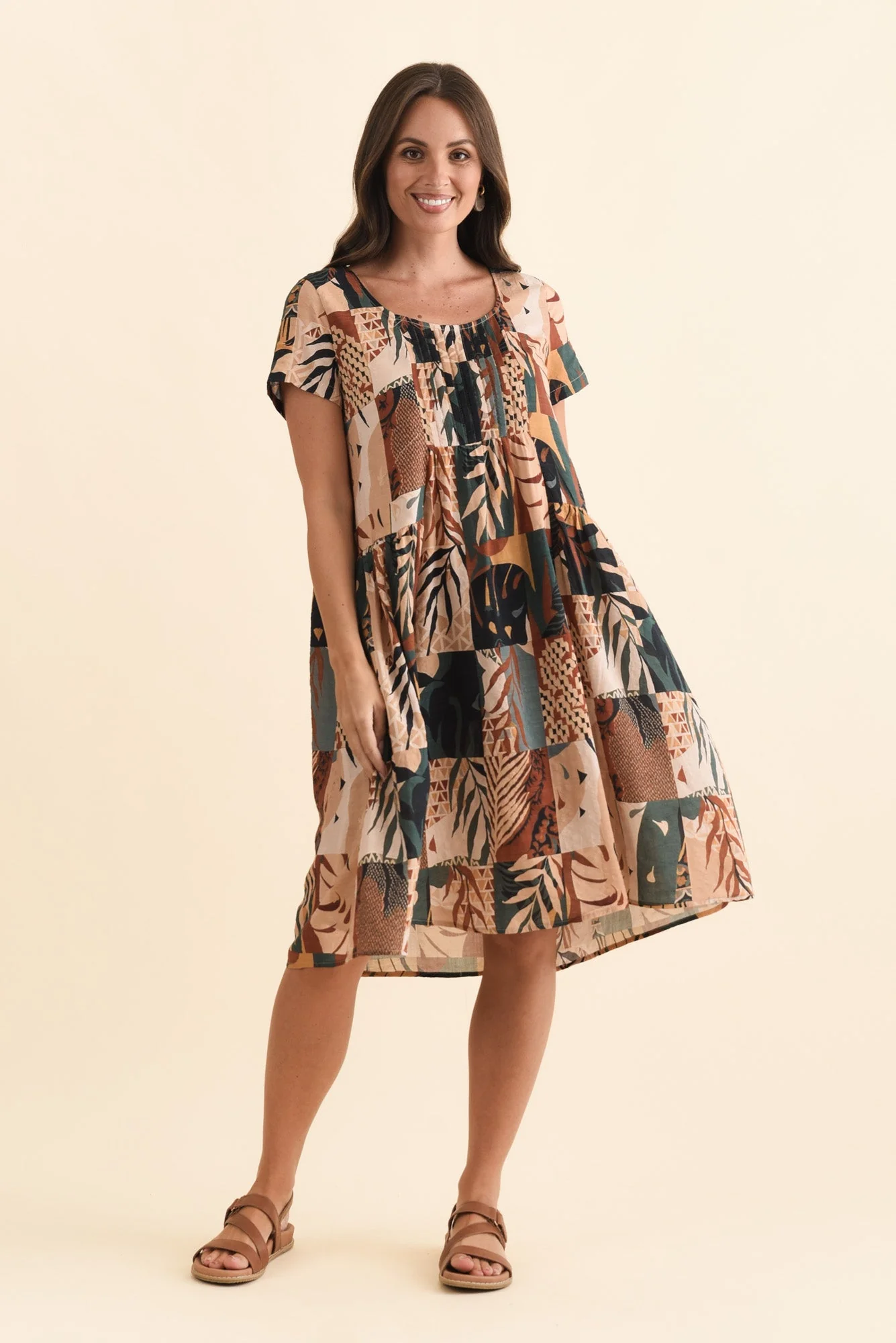 Hanoi Tan Mosaic Cotton Blend Dress