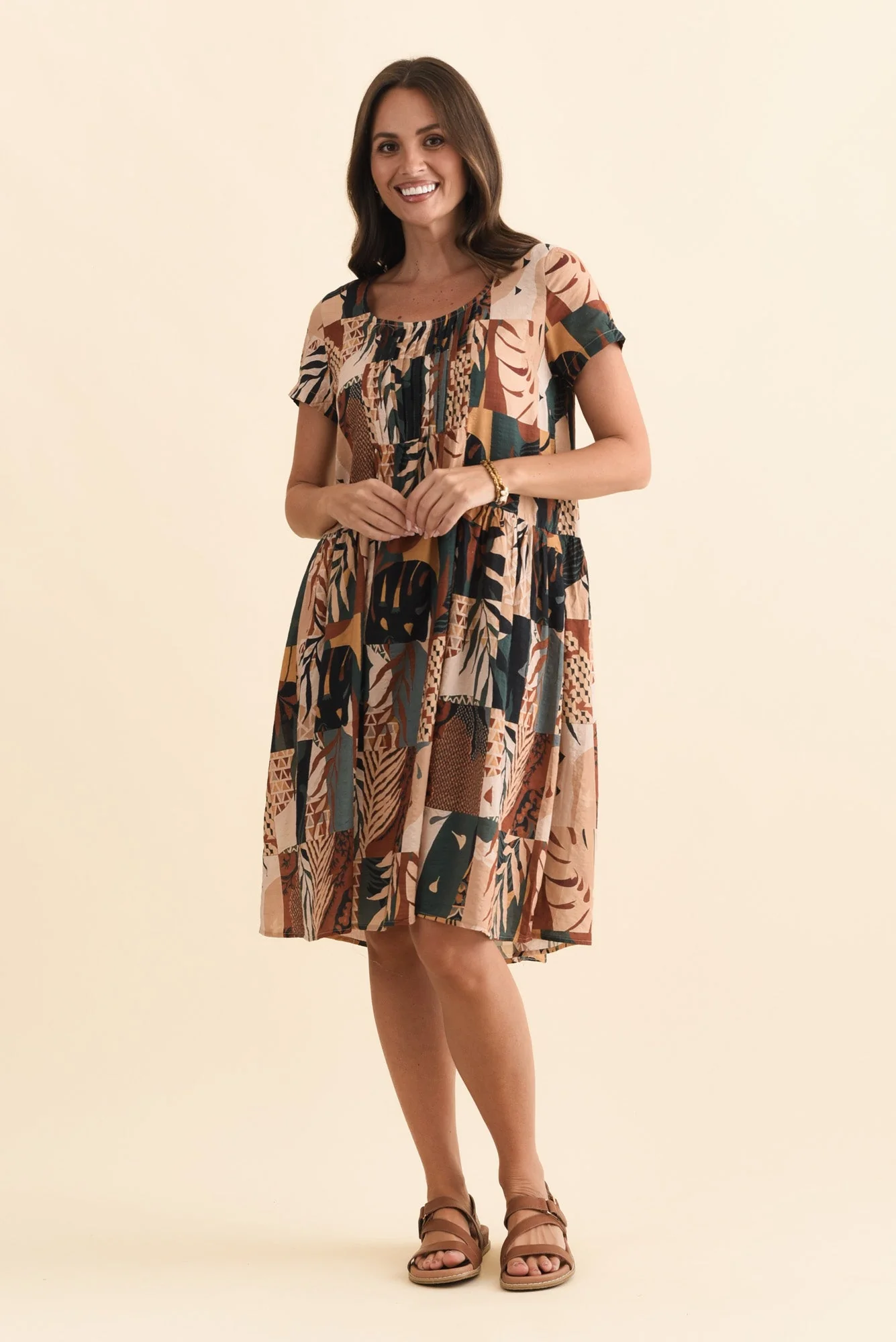 Hanoi Tan Mosaic Cotton Blend Dress - Image 6