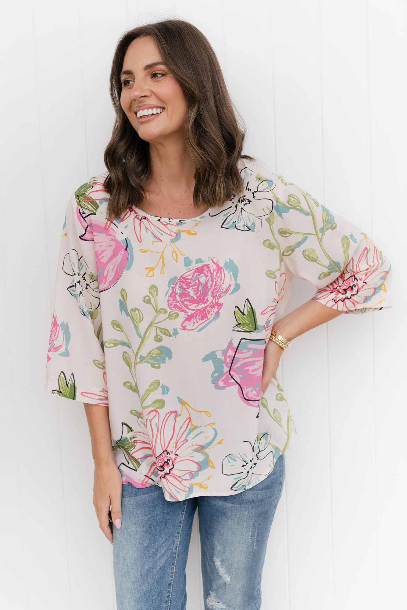 Hepburn White Blossom Linen Blend Top