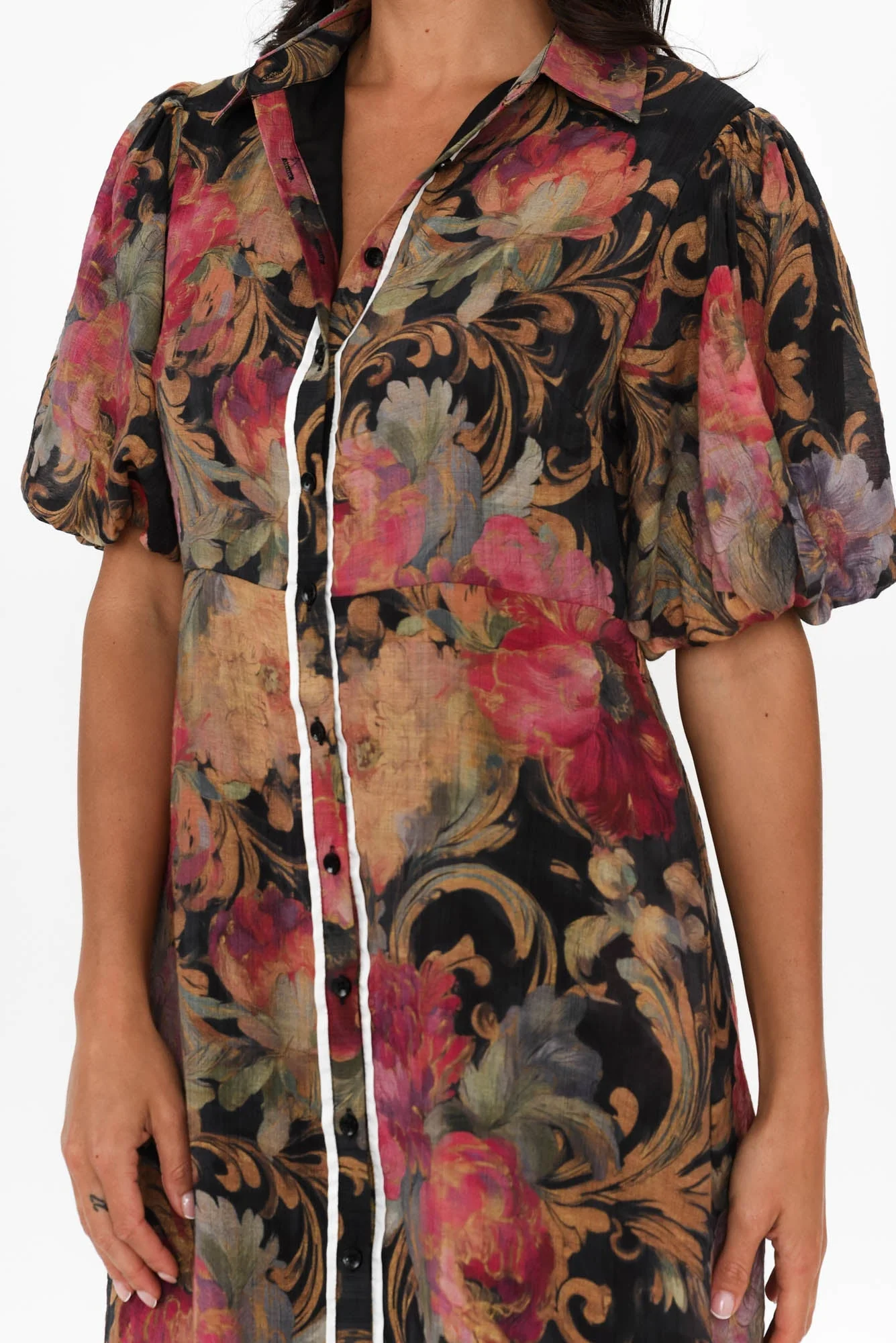 Hilma Black Floral Cotton Blend Tie Dress - Image 6