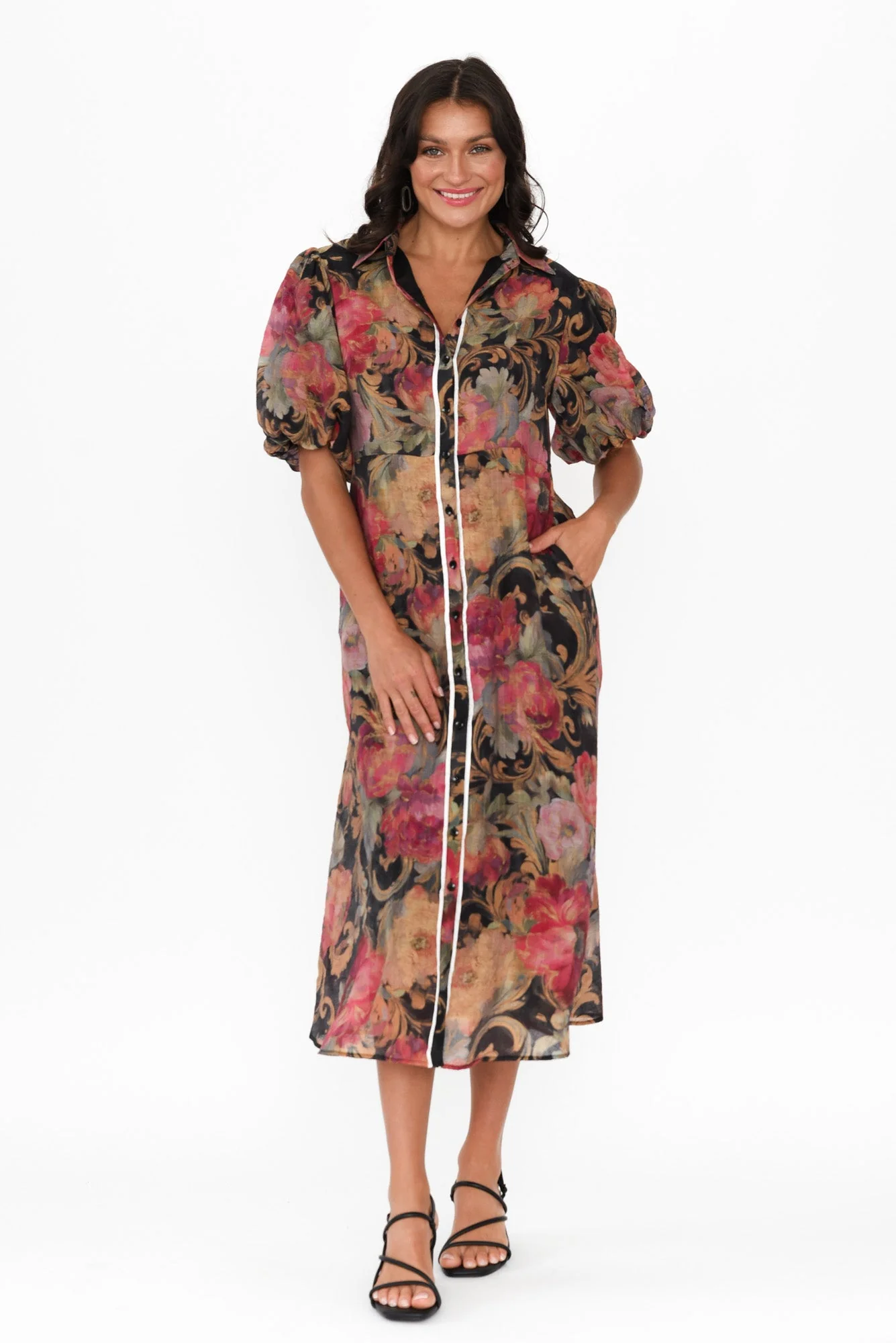 Hilma Black Floral Cotton Blend Tie Dress - Image 7
