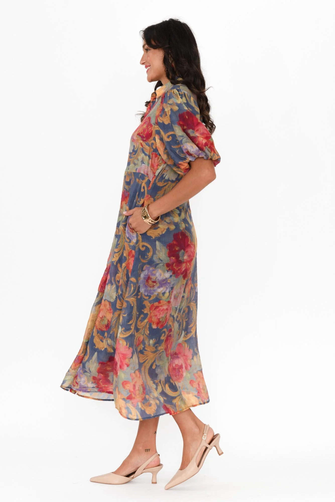 Hilma Blue Floral Cotton Blend Tie Dress - Image 3