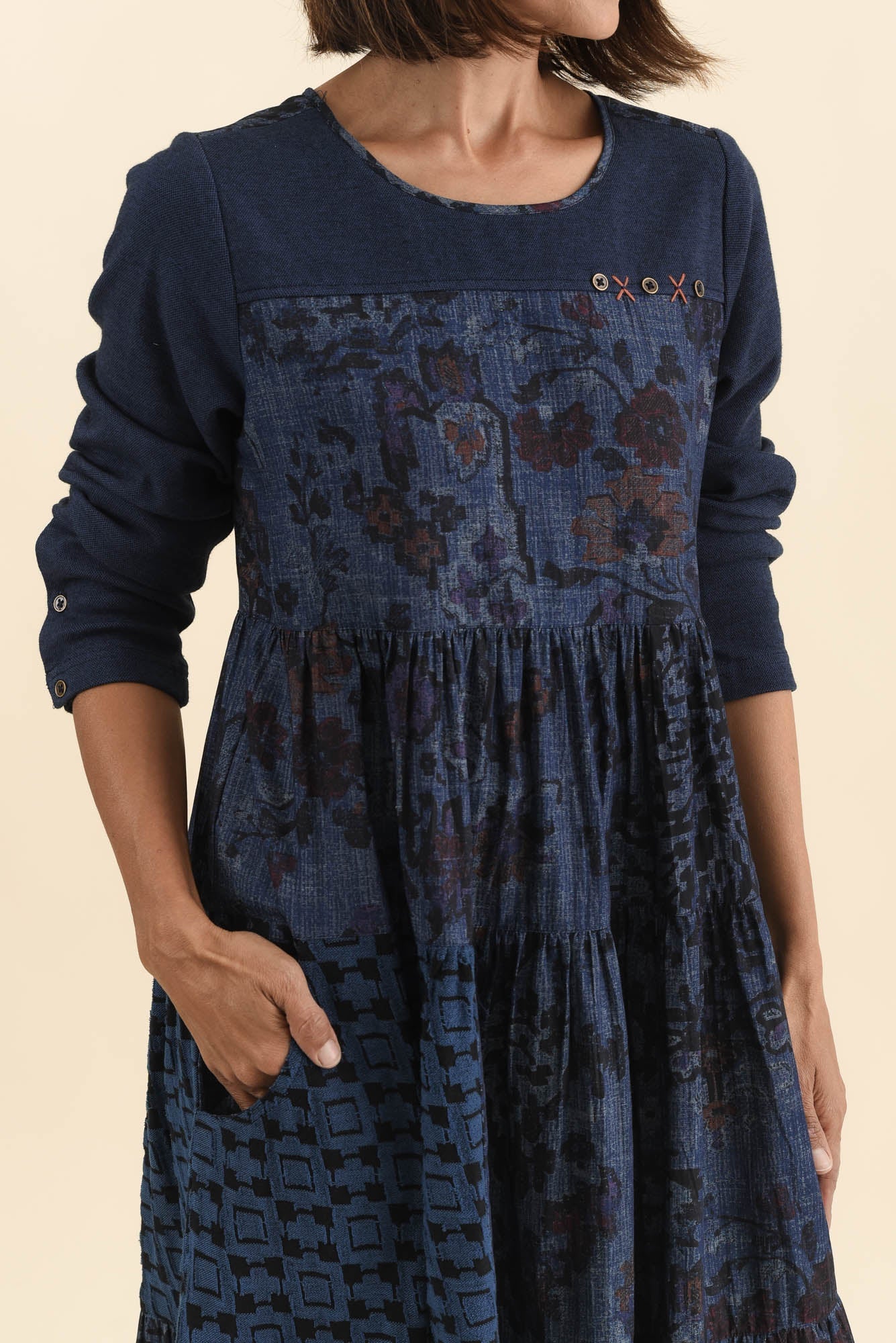 Horai Navy Patchwork Cotton Dress - Image 5