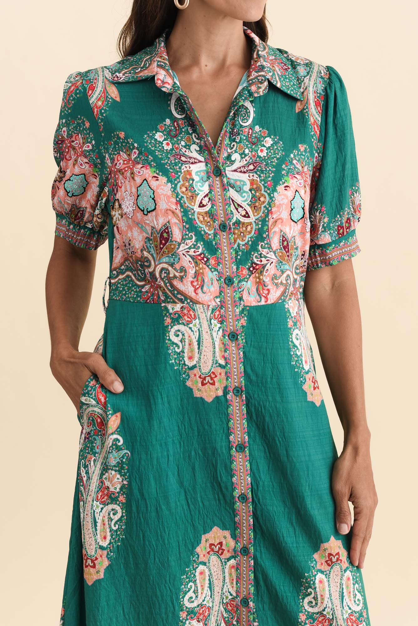 Ingrid Green Mosaic Linen Cotton Dress - Image 5