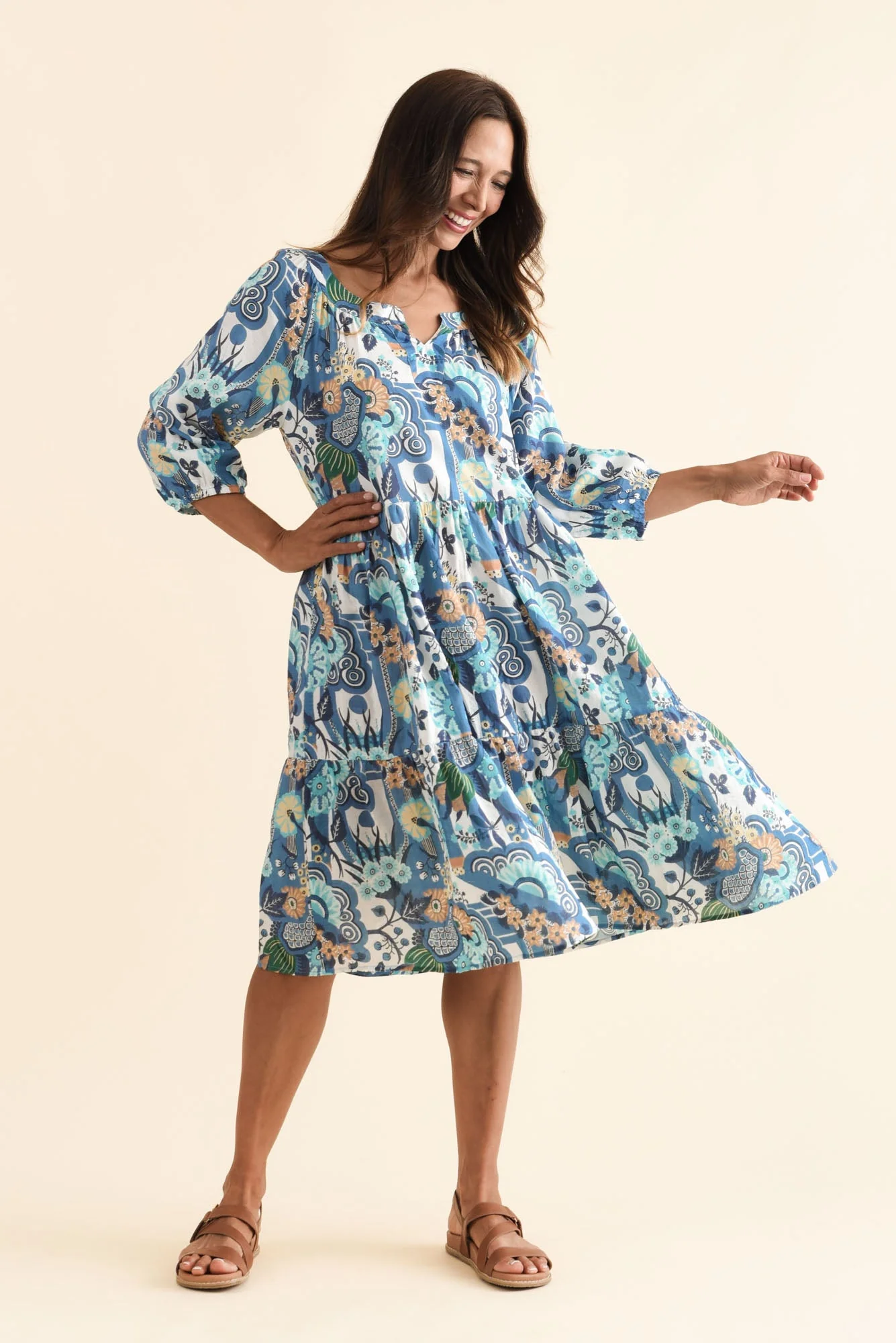 Irene Blue Floral Cotton Blend Dress - Image 2