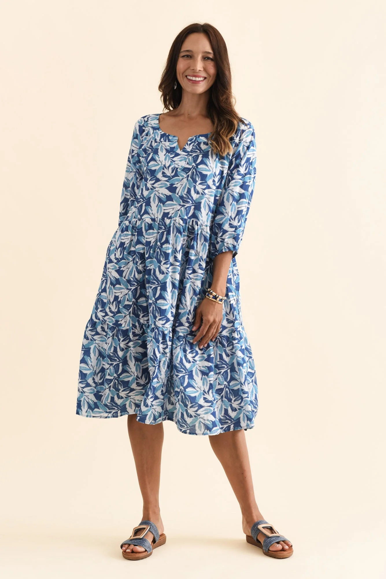 Irene Blue Leaf Cotton Blend Dress