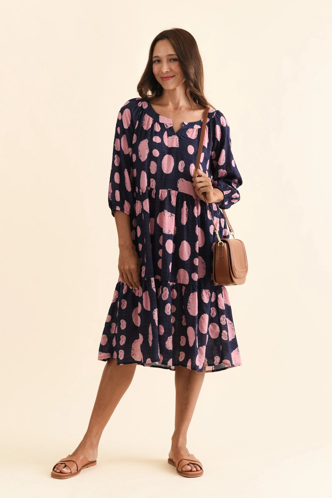 Irene Navy Spot Cotton Blend Dress