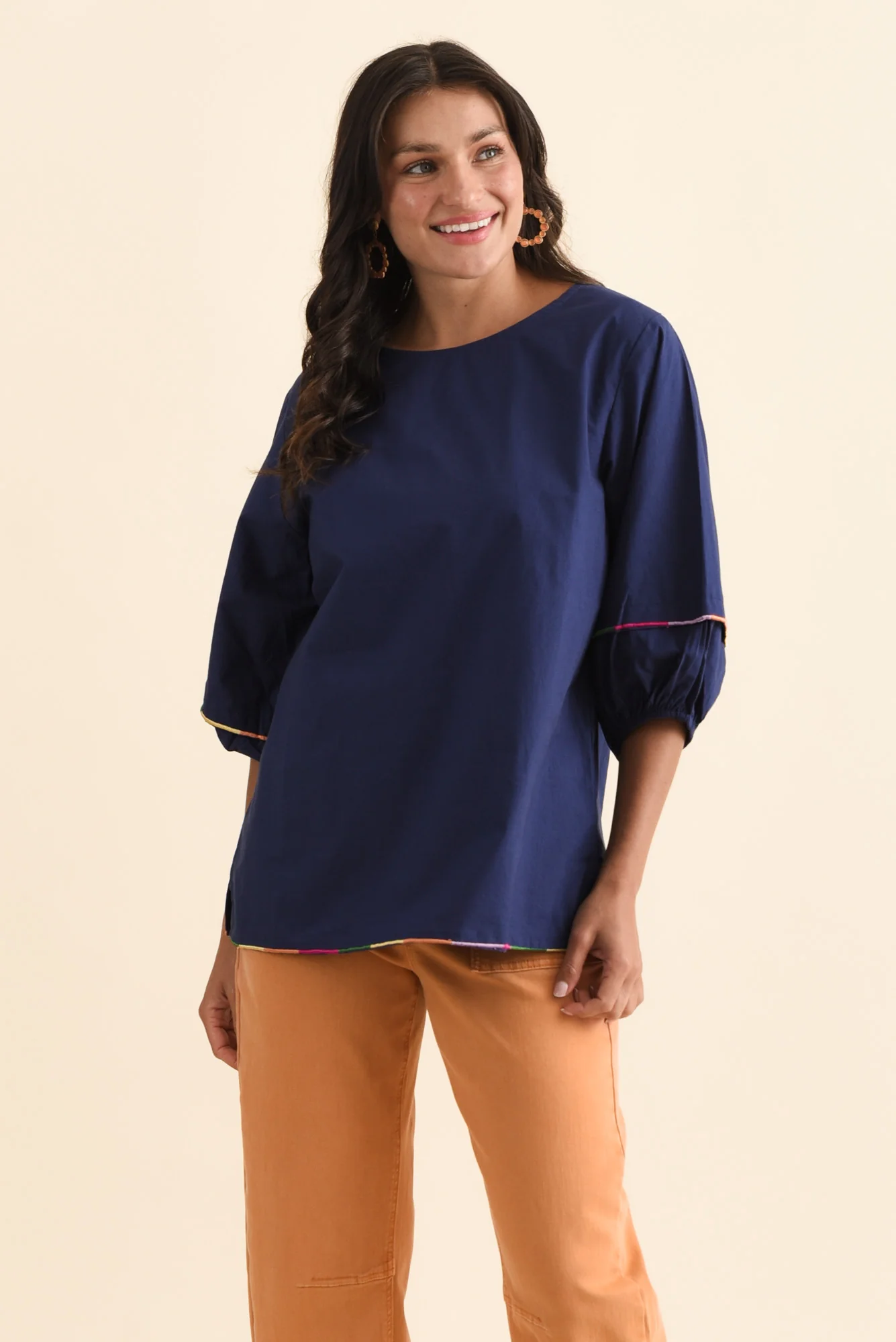 Jada Navy Cotton Puff Sleeve Top