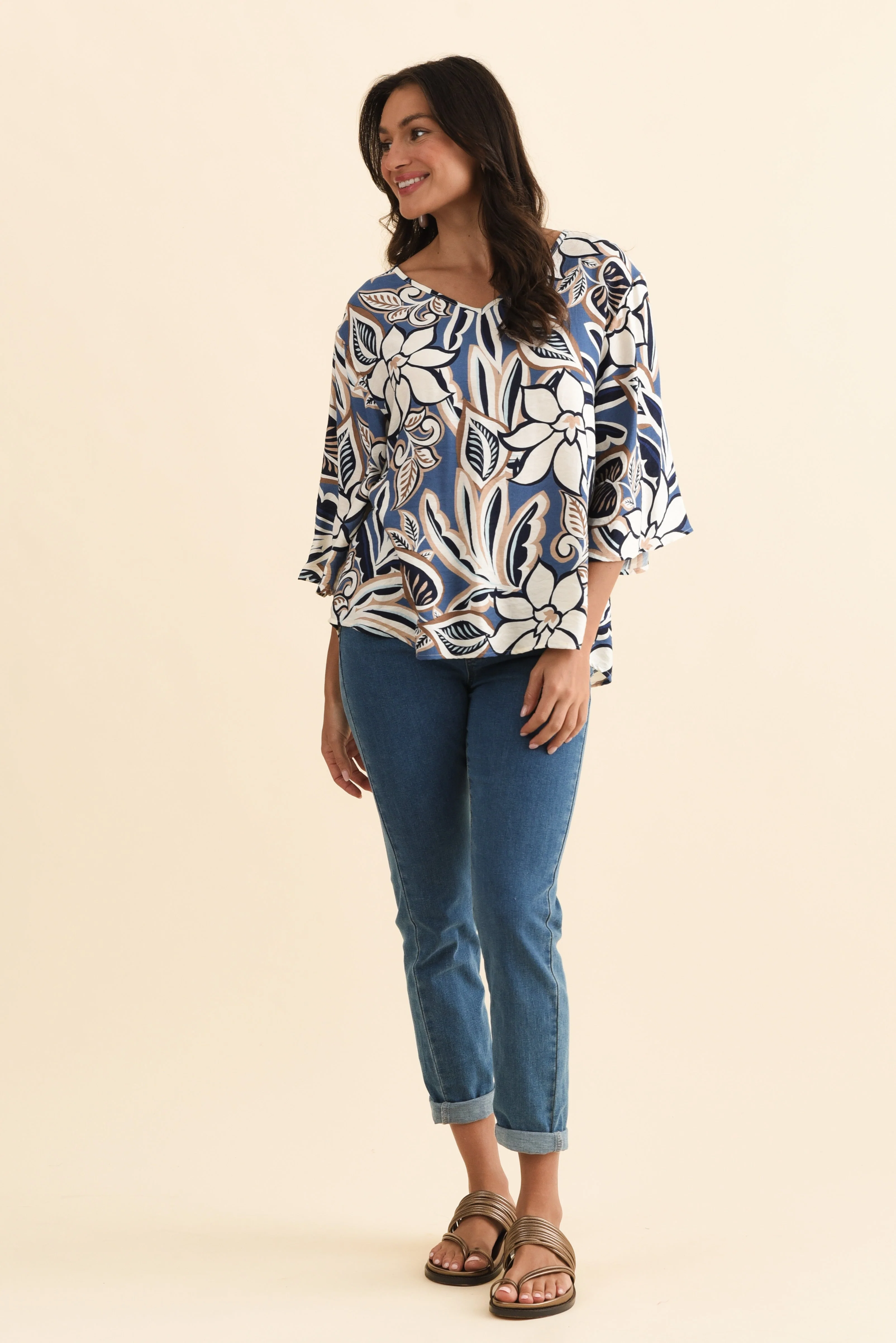 Janelle Blue Abstract V Neck Top - Image 6