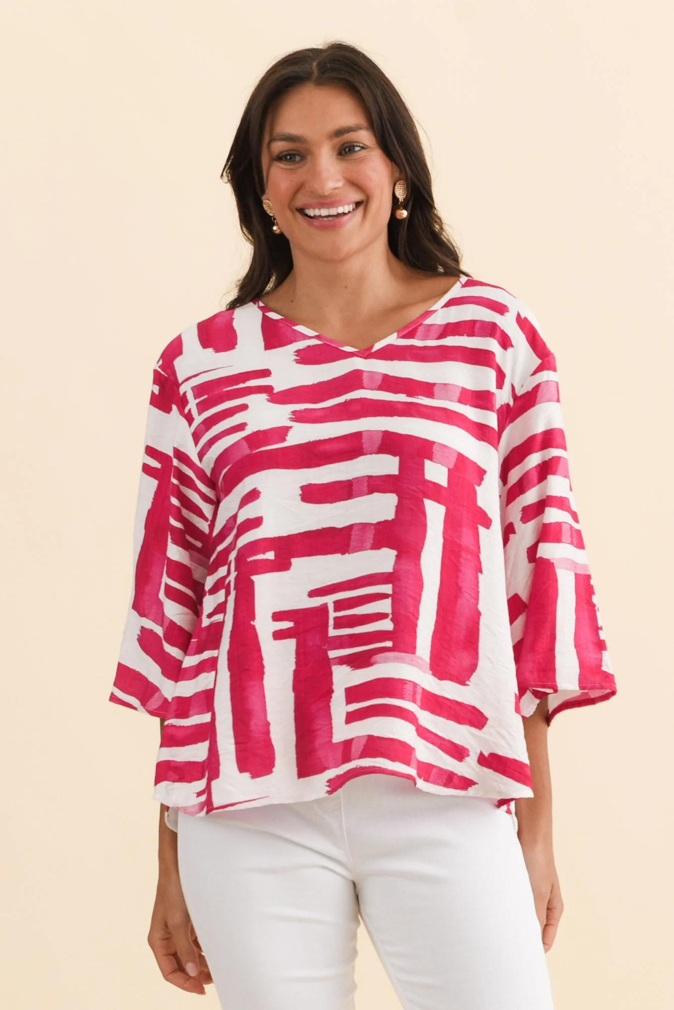 Janelle Pink Geo V Neck Top