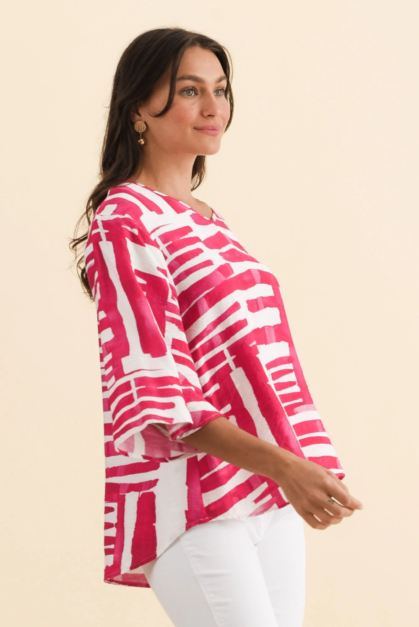 Janelle Pink Geo V Neck Top - Image 3