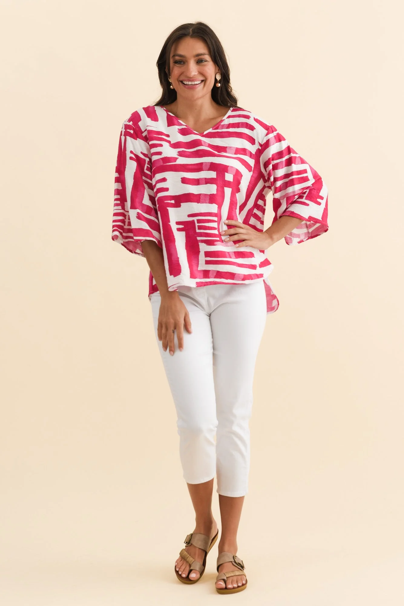 Janelle Pink Geo V Neck Top - Image 6