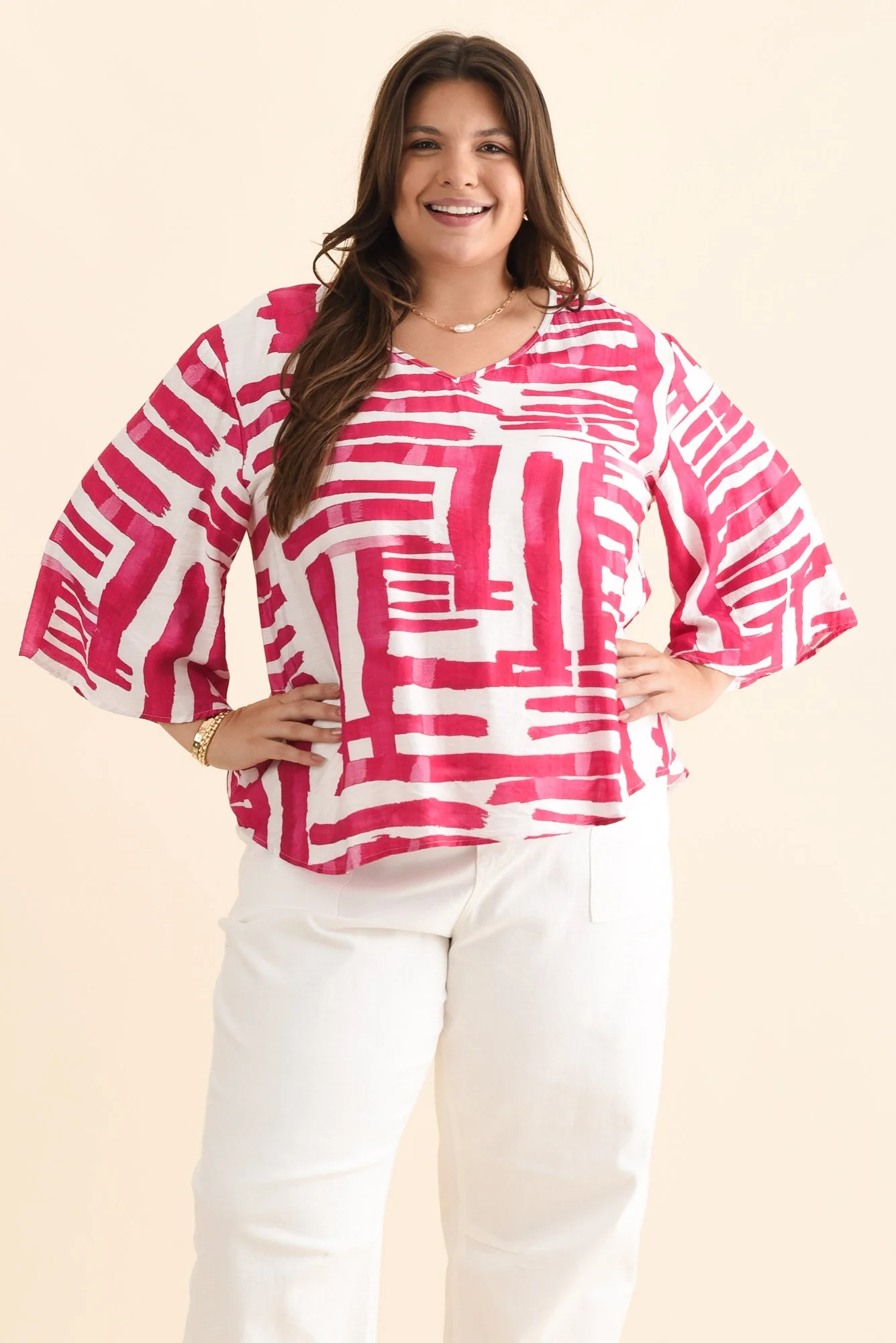 Janelle Pink Geo V Neck Top - Image 7