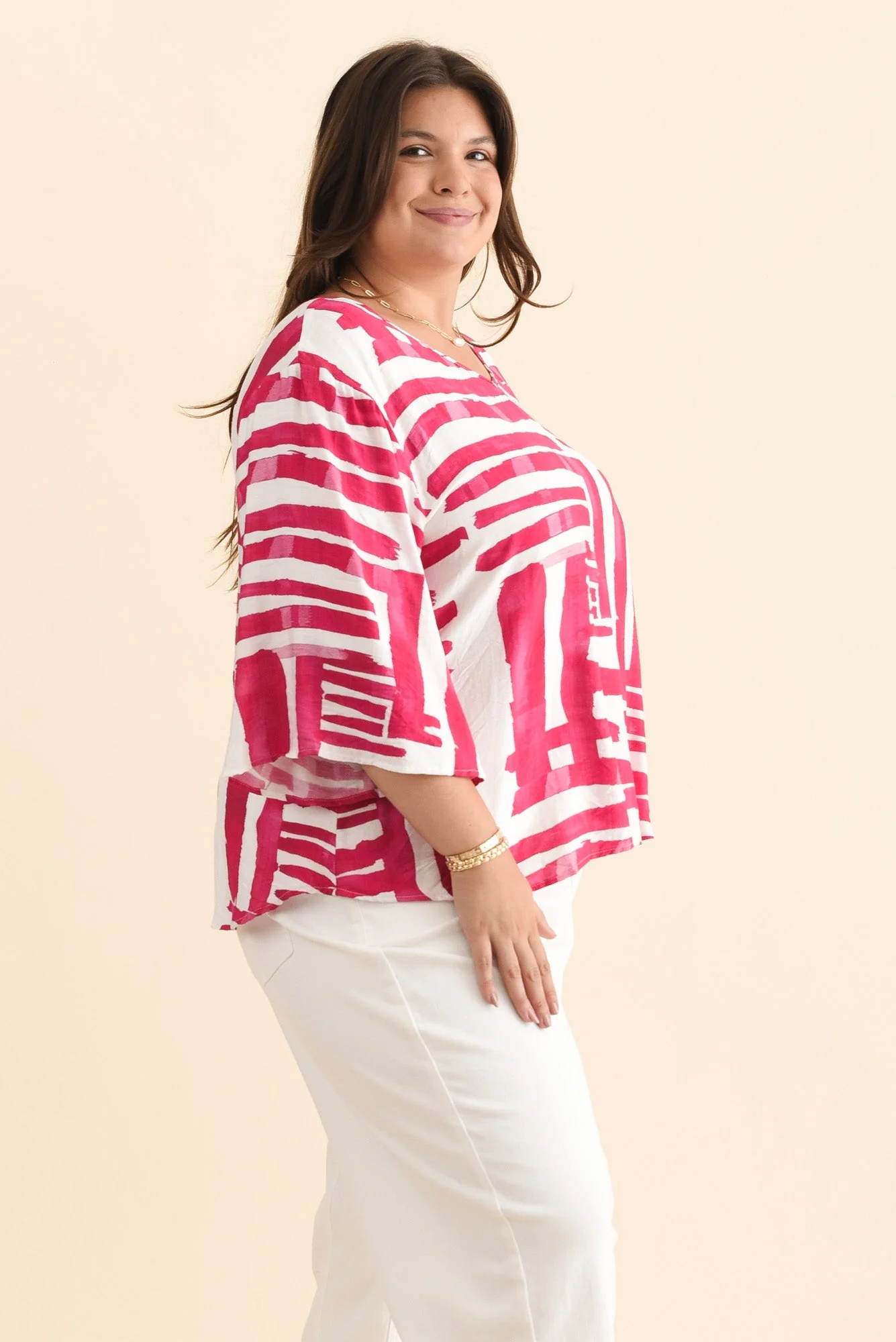 Janelle Pink Geo V Neck Top - Image 9